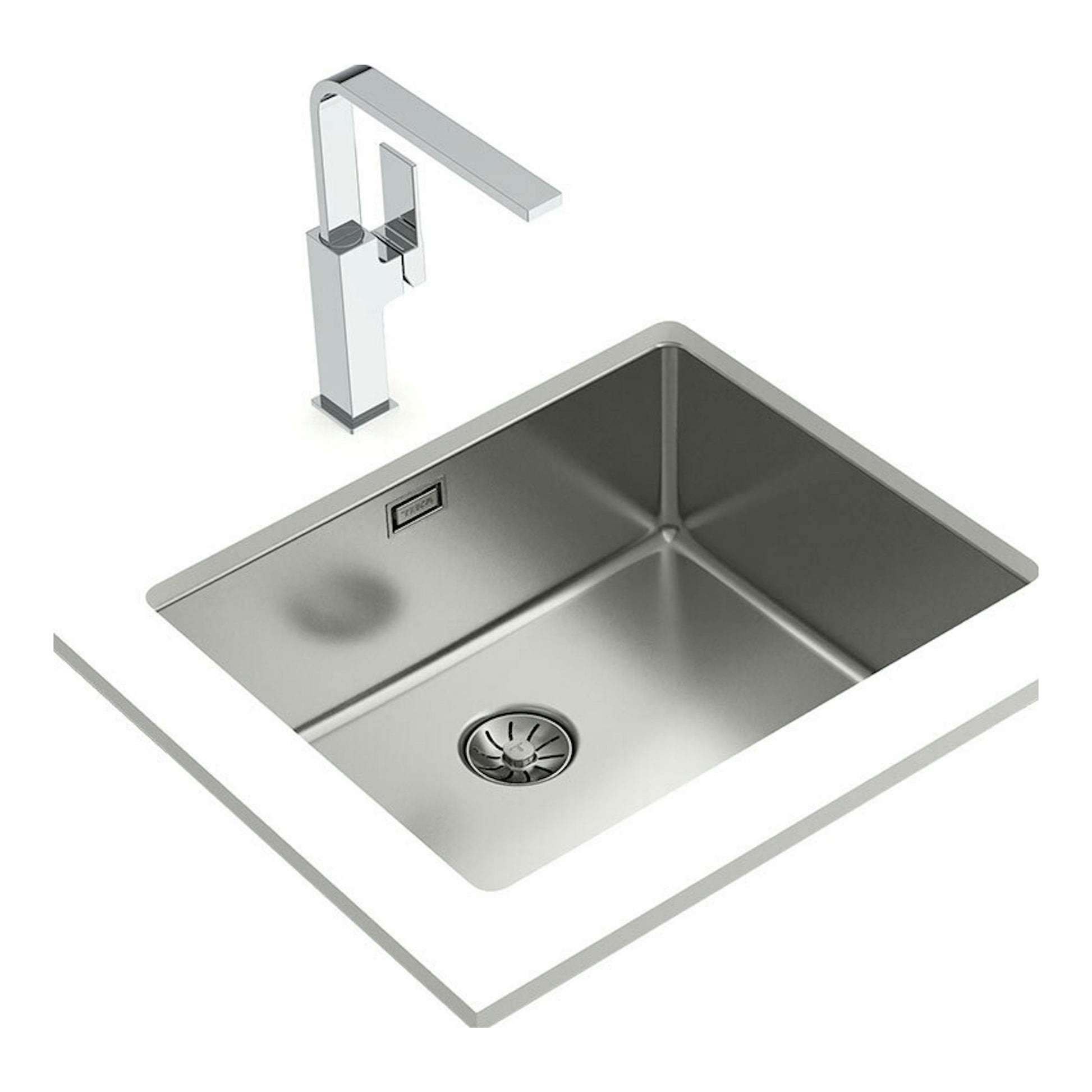 Fregadero Teka BE LINEA RS15 50.40 de acero inoxidable, vista cenital en ángulo, con grifo cromado.