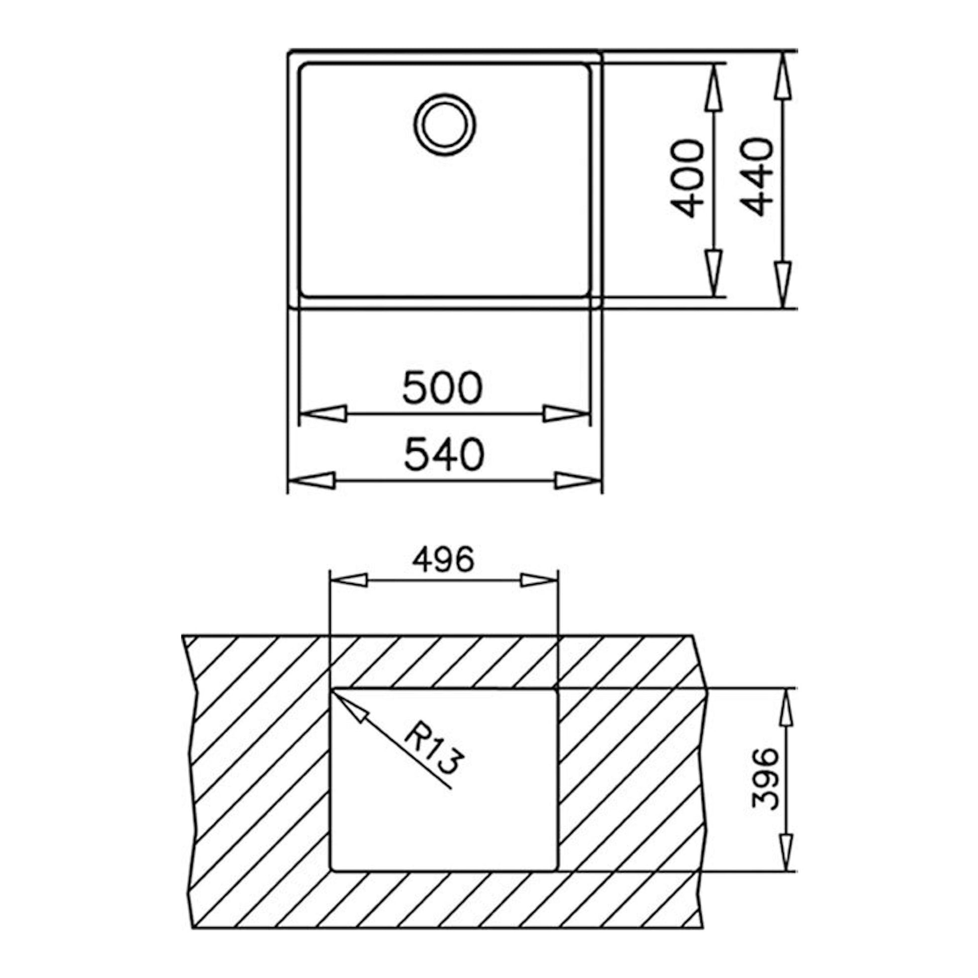 Dibujo técnico del fregadero Teka BE Linea RS15 50.40, vista superior y sección con medidas en mm.