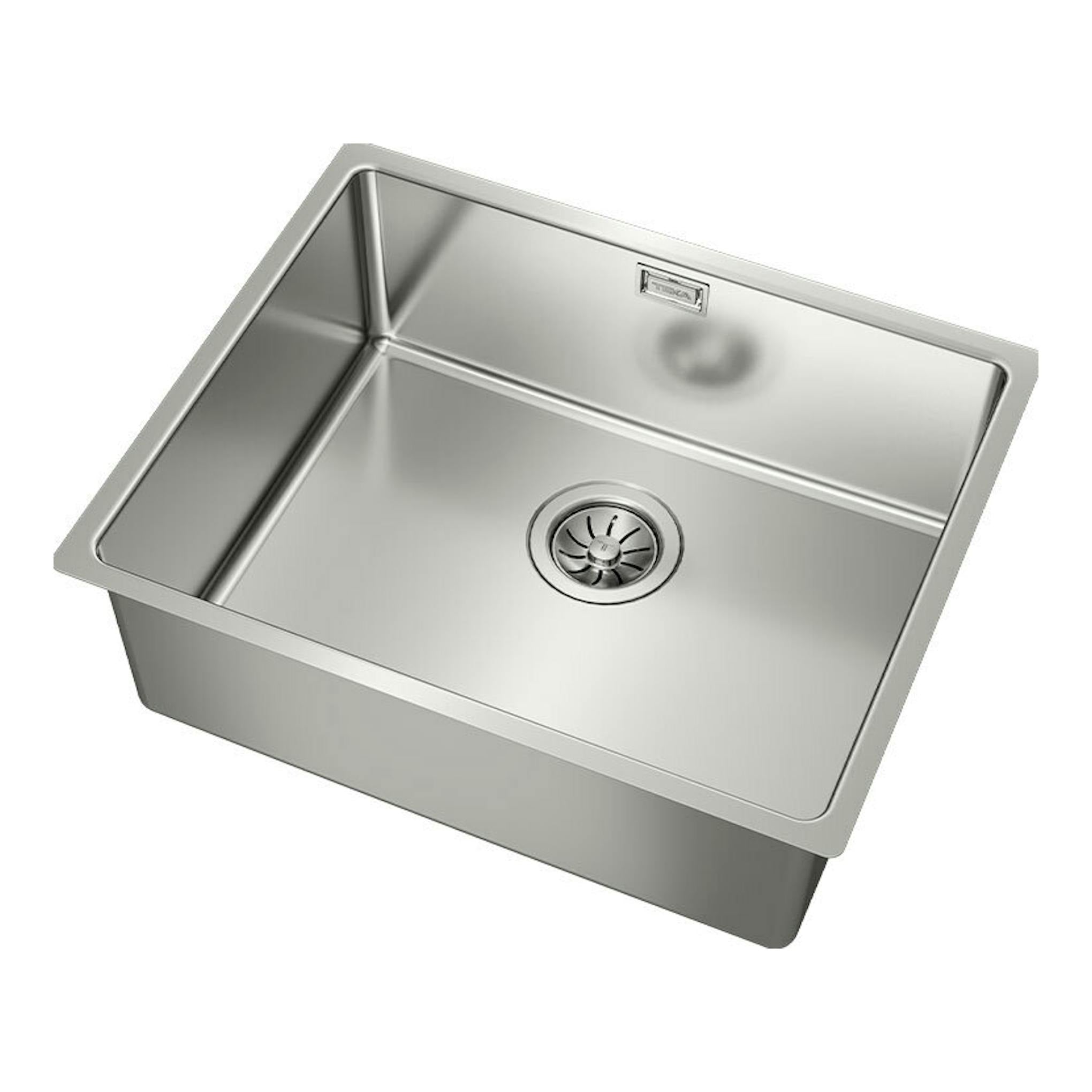 Fregadero Teka BE Linea RS15 50.40 de acero inoxidable, vista cenital en ángulo, con desagüe central.