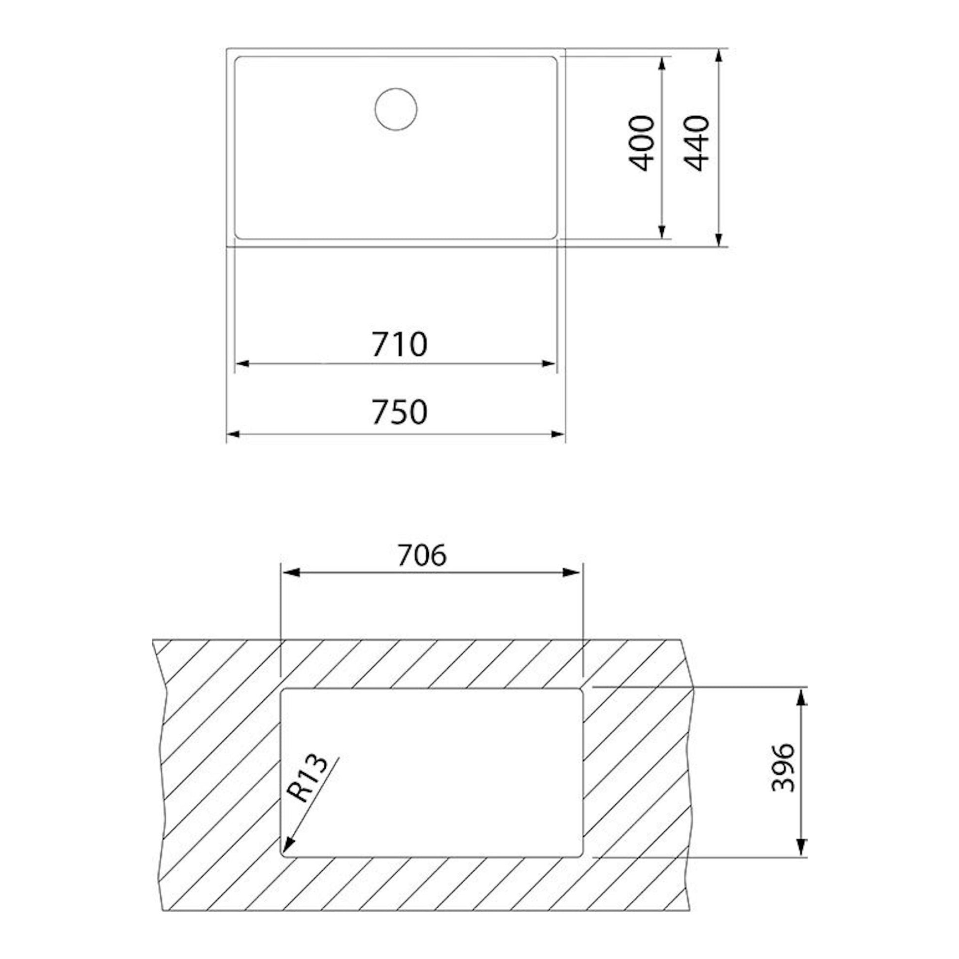 Plano técnico de fregadero Teka BE LINEA RS15 71.40 PureClean Inox, vista superior y sección, acero inoxidable.