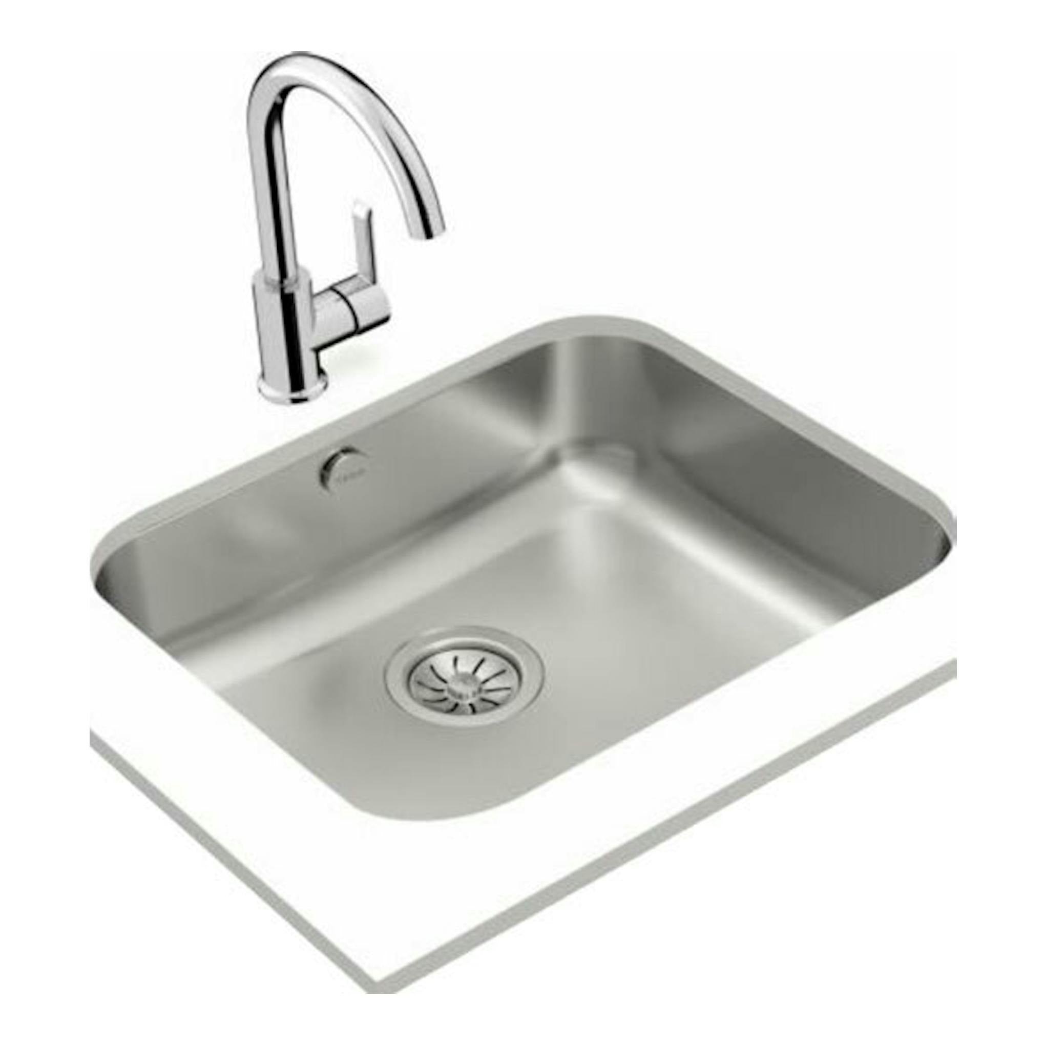Fregadero Teka BE5040 MAX Inox de acero inoxidable, vista superior en ángulo, con grifo cromado.