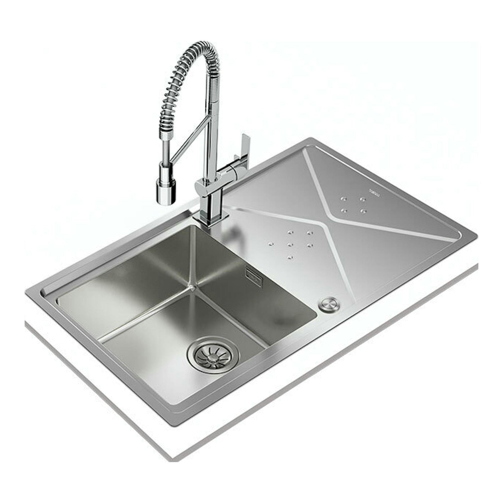 Teka Brooklyn 50 M-XP: fregadero de acero inoxidable con 1 seno y escurridor, vista en ángulo, con grifo.