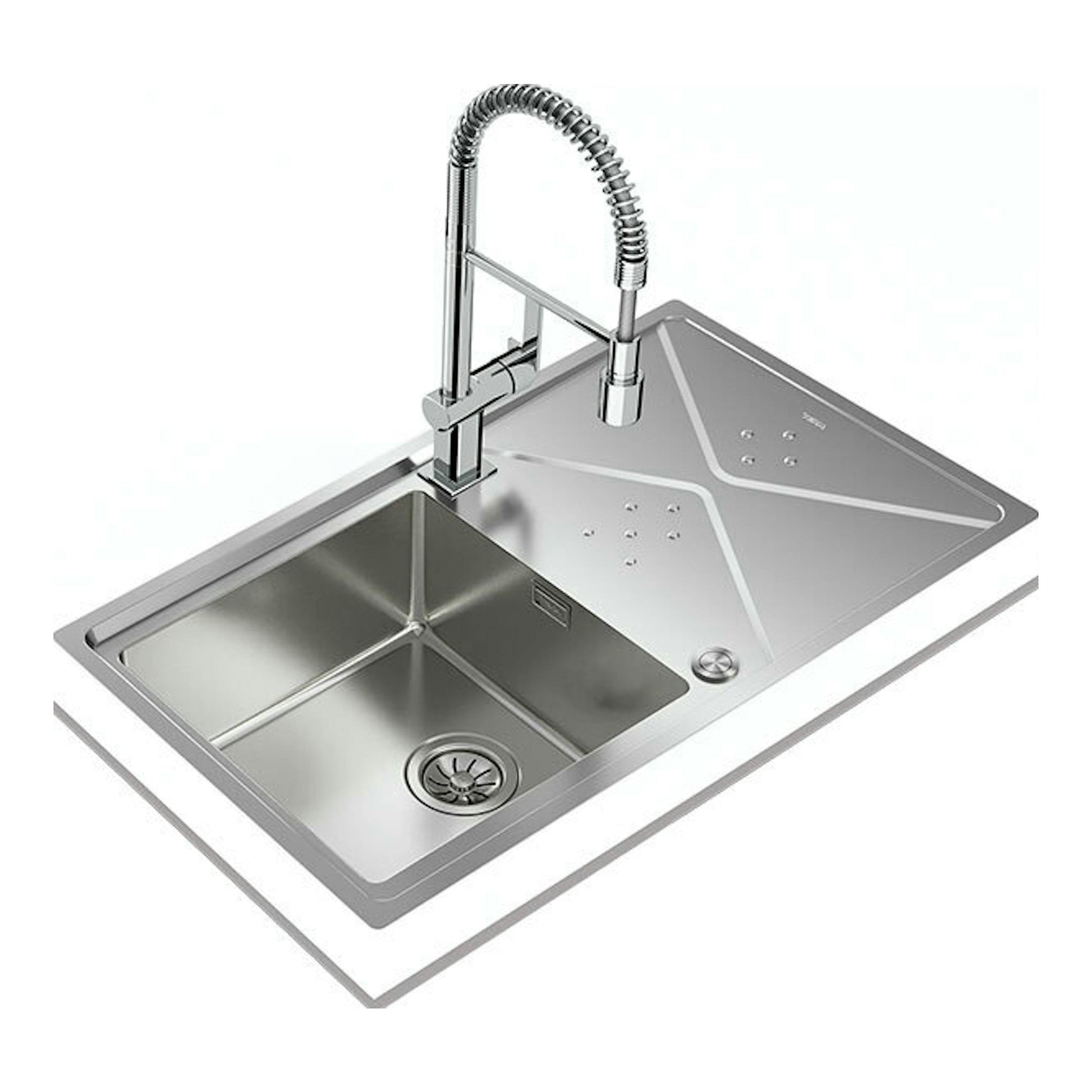Fregadero Teka Brooklyn 50 M-XP 1C 1E reversible, acero inox, vista superior en ángulo con grifo.