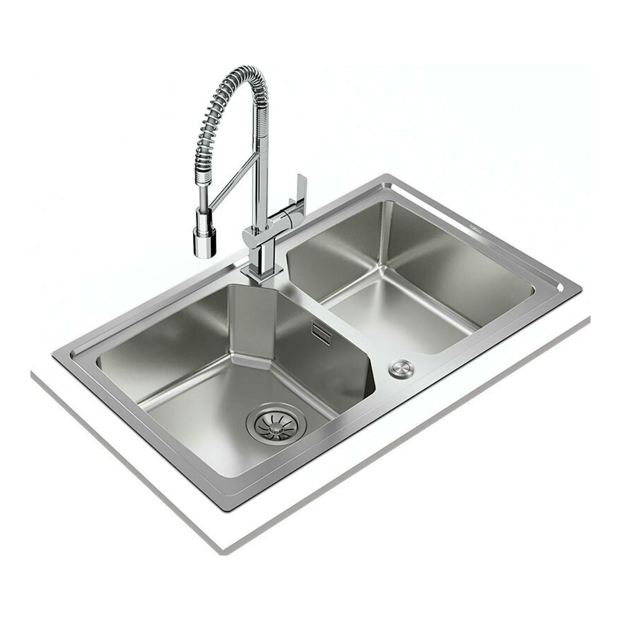 Fregadero Teka Brooklyn 90 M-XP 2C reversible de acero inoxidable, vista cenital con grifo extraíble.