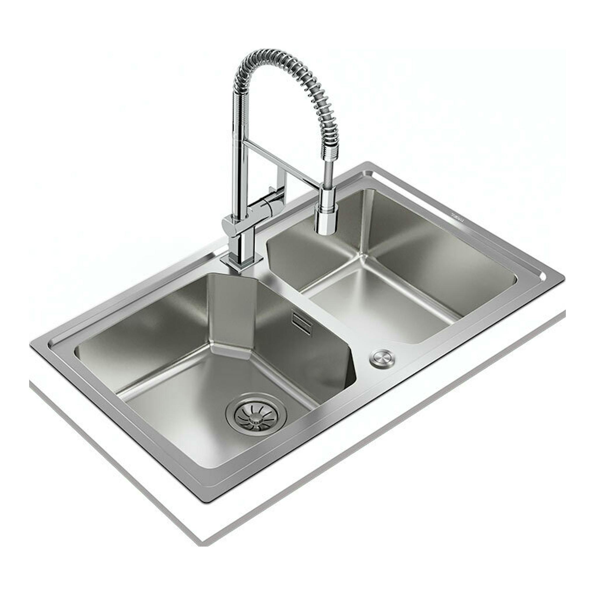 Teka Brooklyn 90 M-XP 2C reversible: fregadero de acero inoxidable doble seno con grifo cromado, vista en perspectiva.