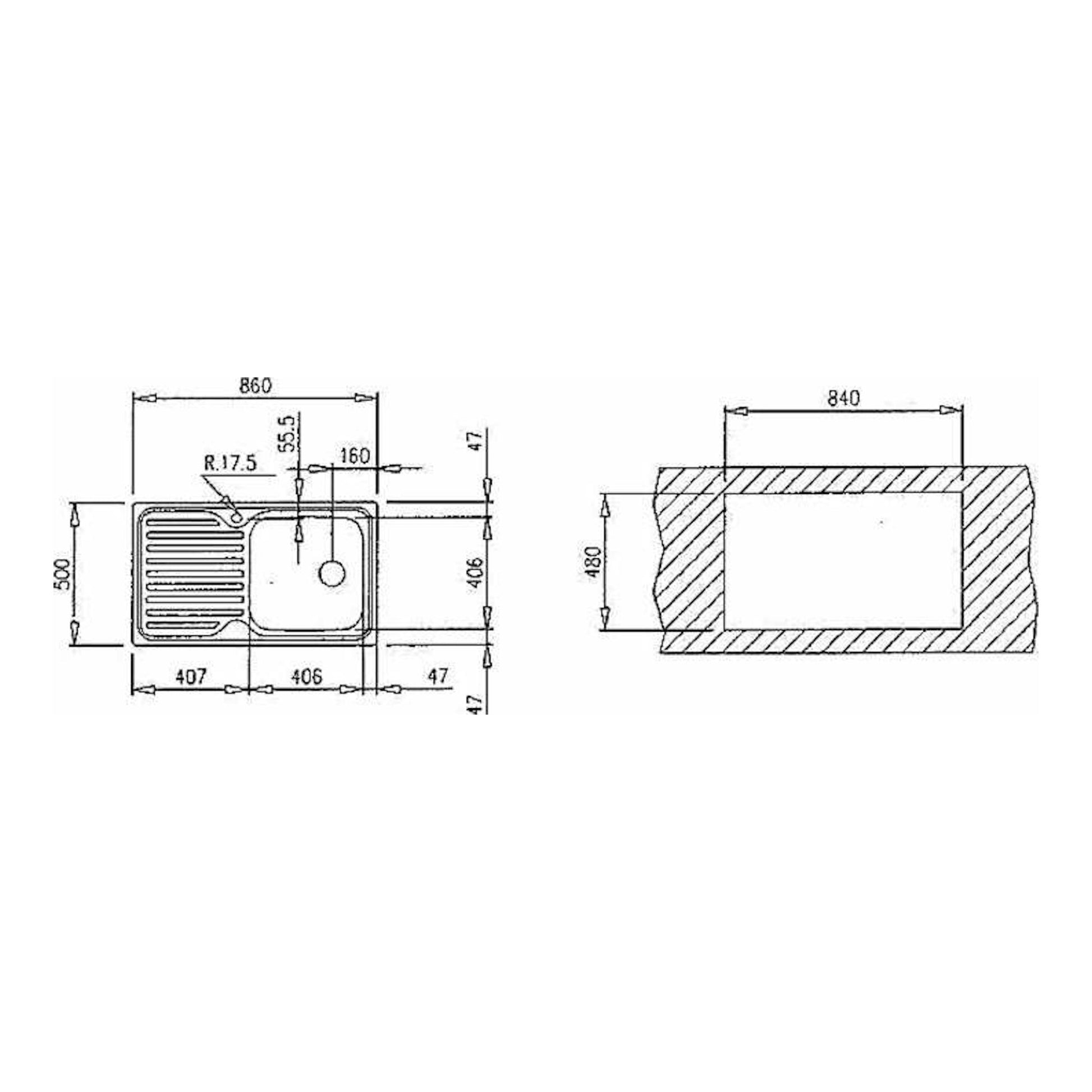 Plano técnico en blanco y negro del fregadero Teka CLASSIC 1C 1E Derecha, vista superior y sección con medidas.