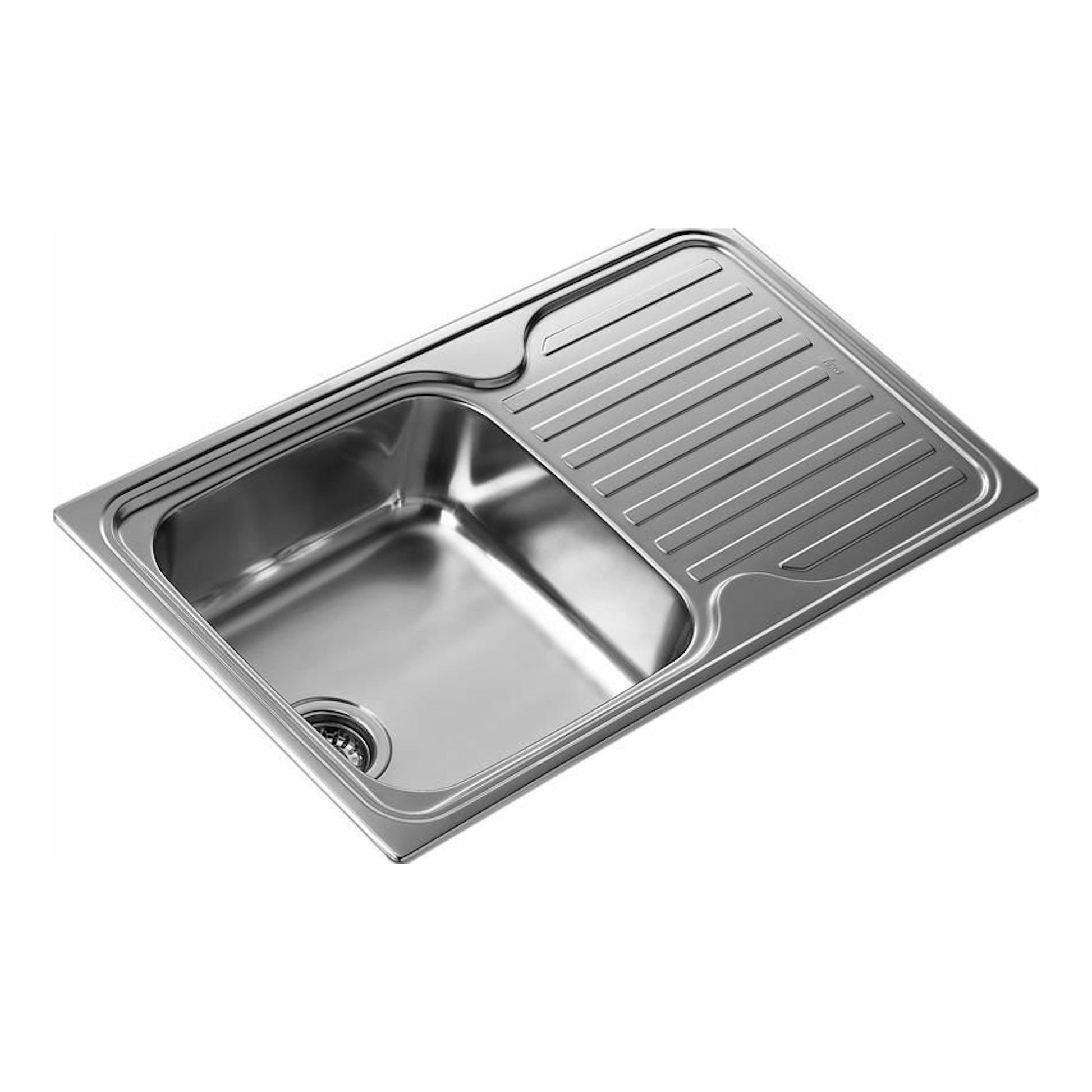 Teka CLASSIC 1C 1E Reversible: fregadero de acero inoxidable, vista en ángulo, con cubeta y escurridor a la derecha.