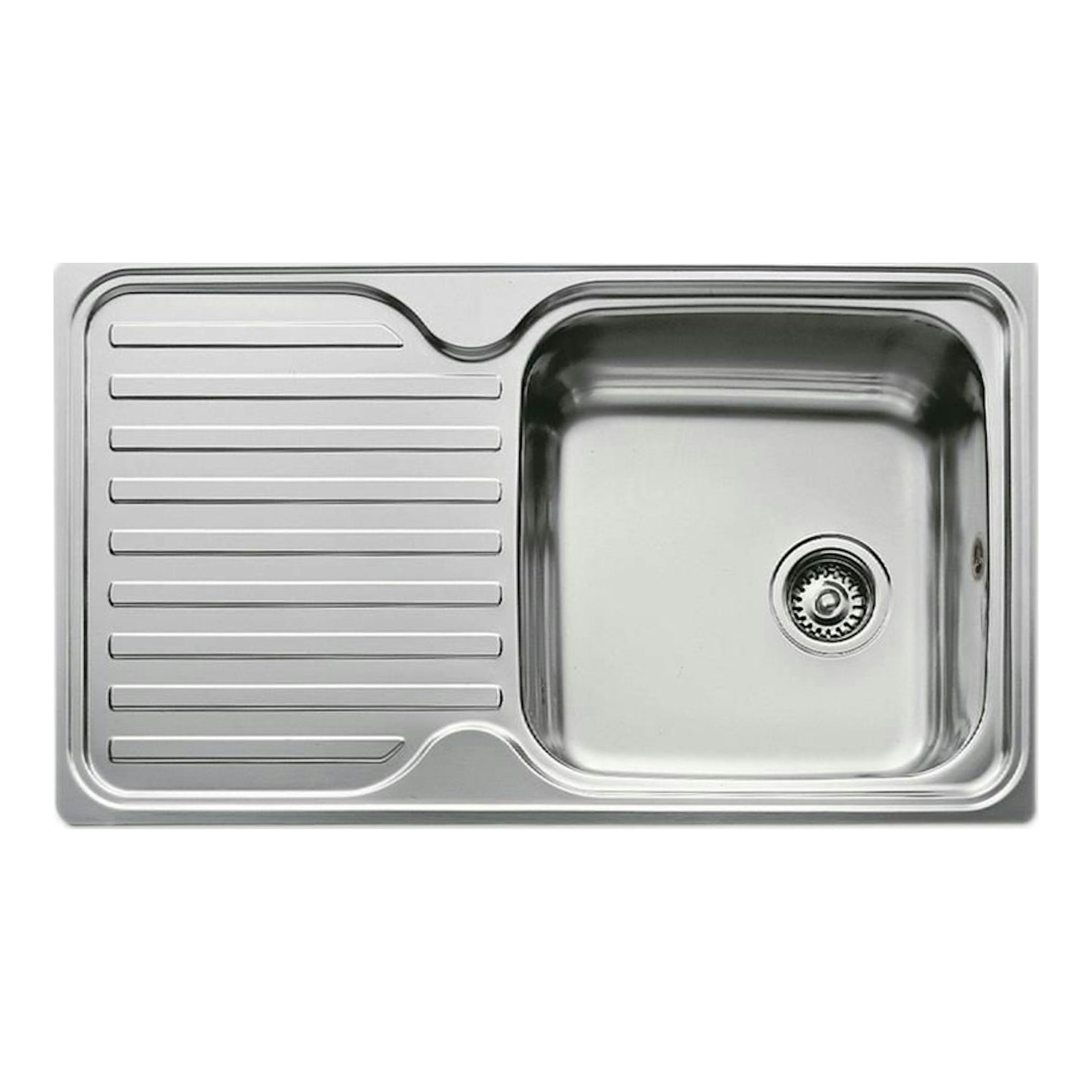Fregadero Teka CLASSIC 1C 1E reversible de acero inoxidable, vista frontal, escurridor a la izquierda.