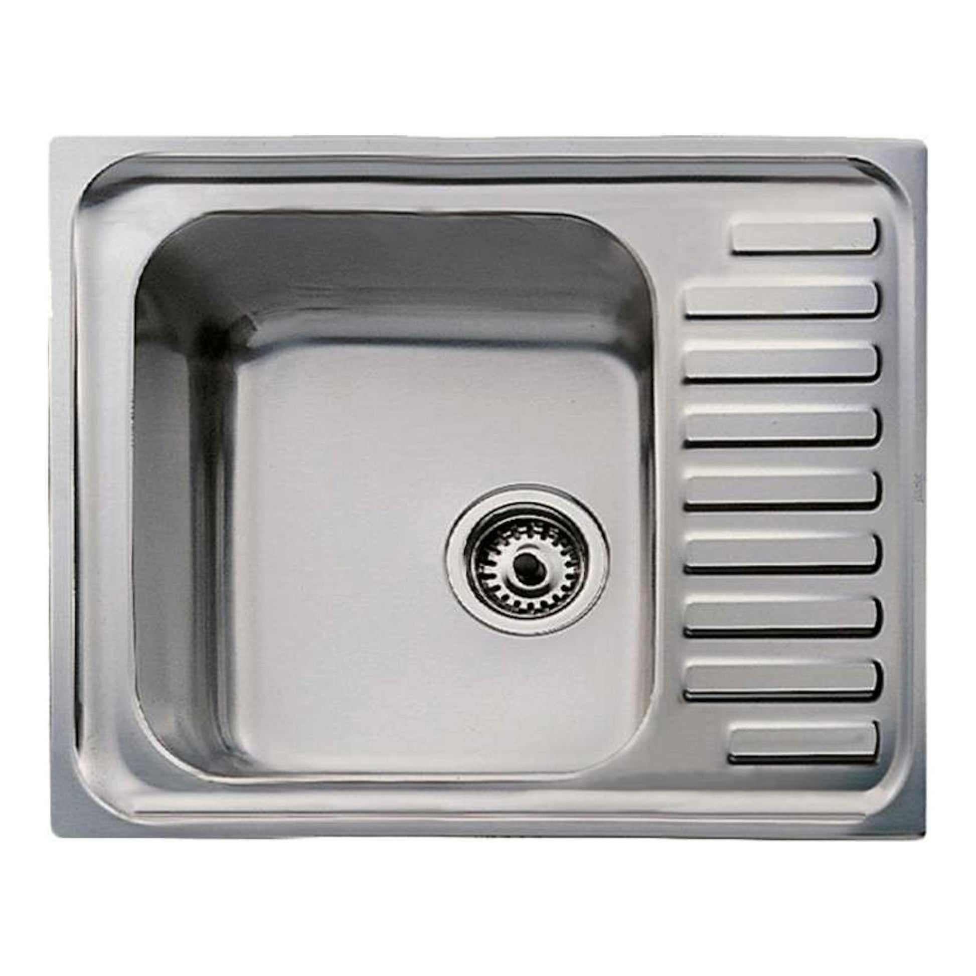 Fregadero Teka CLASSIC 1C de acero inoxidable, vista superior, reversible, con cubeta a la izquierda y escurridor a la derecha.