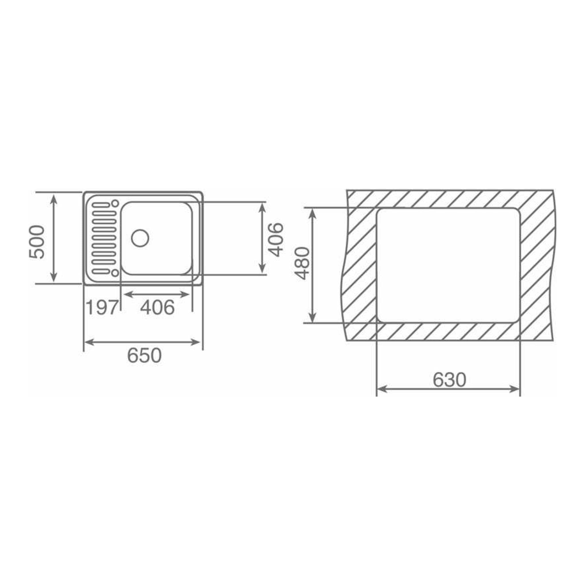 Dibujo técnico del fregadero Teka CLASSIC 1C Inox Reversible, vista superior y sección con medidas.