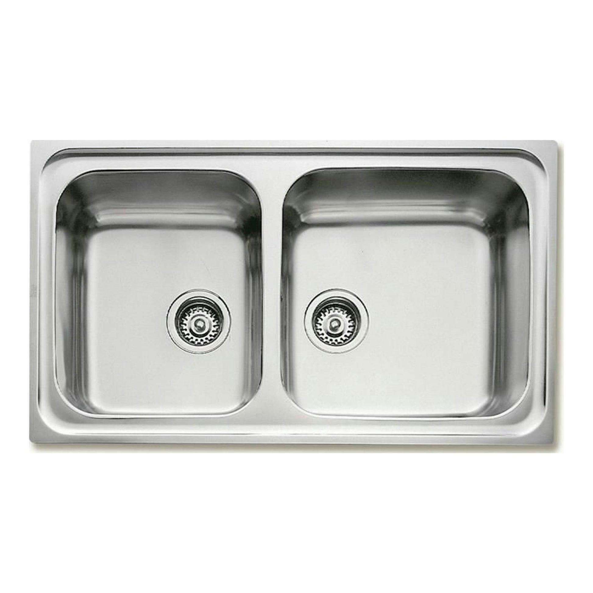 Fregadero Teka CLASSIC 2C 86 reversible de acero inoxidable, vista superior, con dos cubetas y desagües.