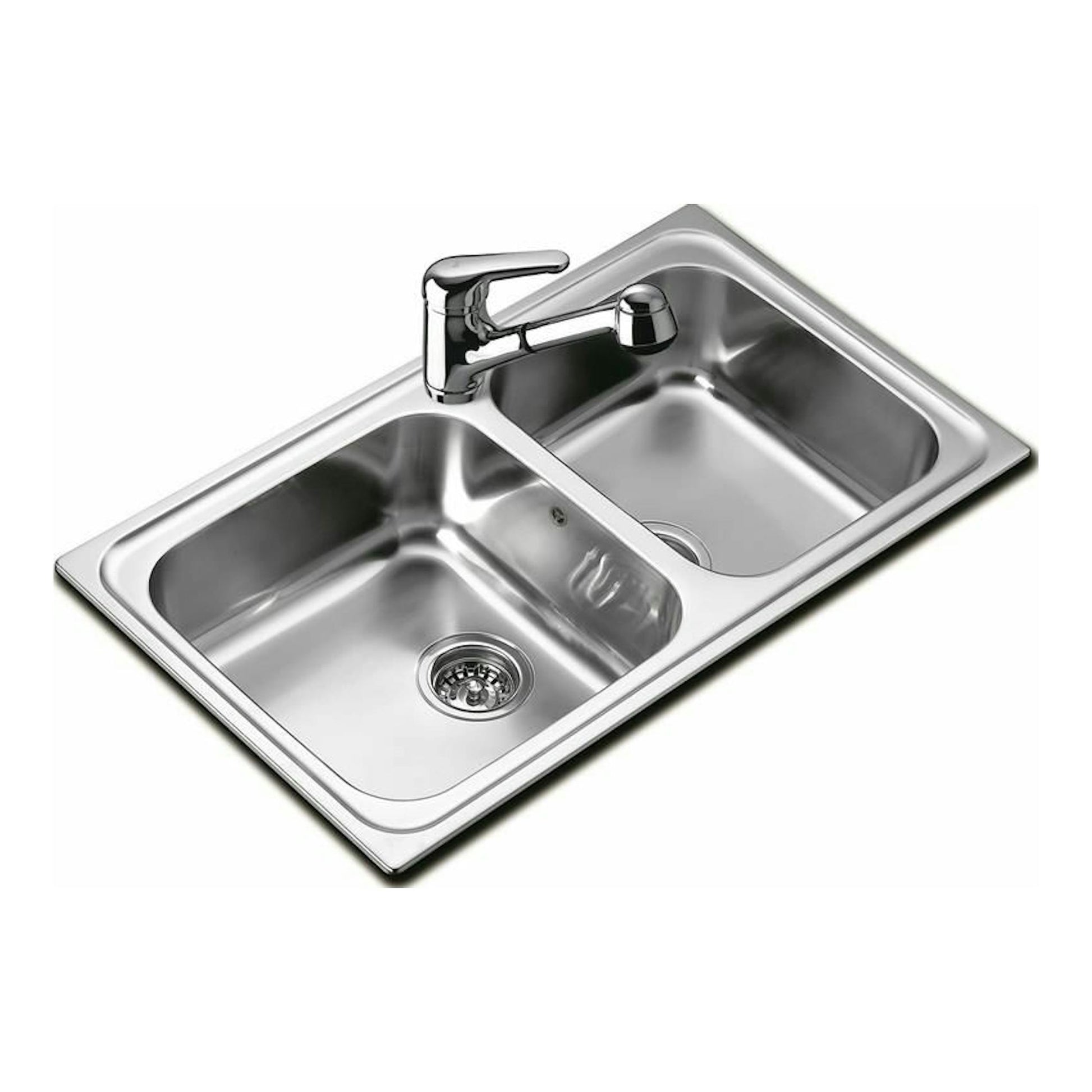 Fregadero Teka CLASSIC 2C 86 reversible de acero inoxidable, vista inclinada, con dos cubetas y grifo.