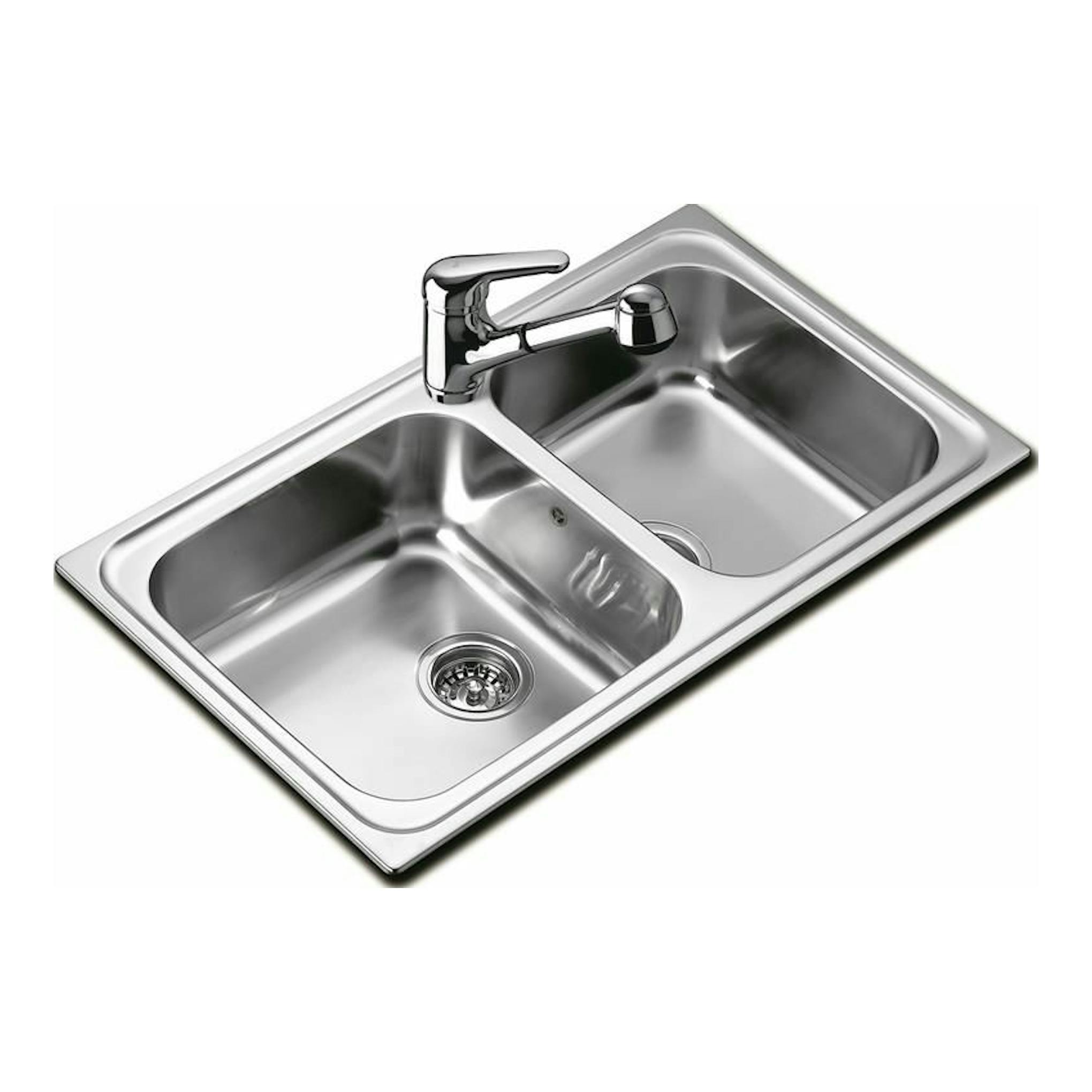 Fregadero Teka CLASSIC 2C 86 reversible de acero inoxidable, vista inclinada, con dos cubetas y grifo.