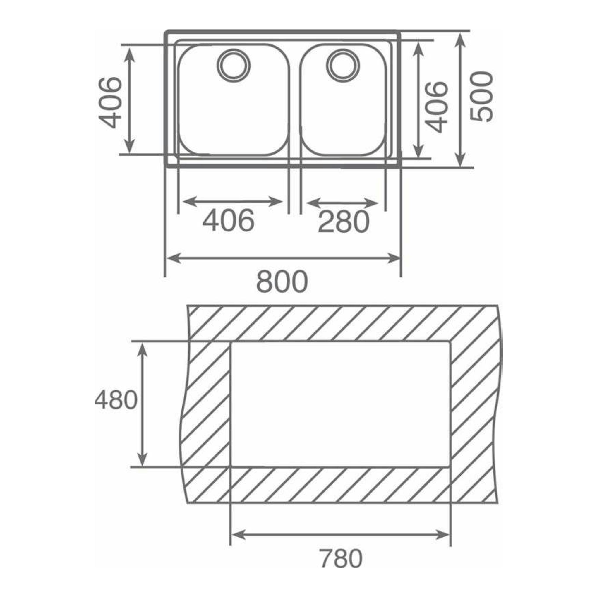 Plano técnico del fregadero Teka CLASSIC 2C80, vista superior, doble seno, medidas 800x500 mm y hueco 780x480 mm.