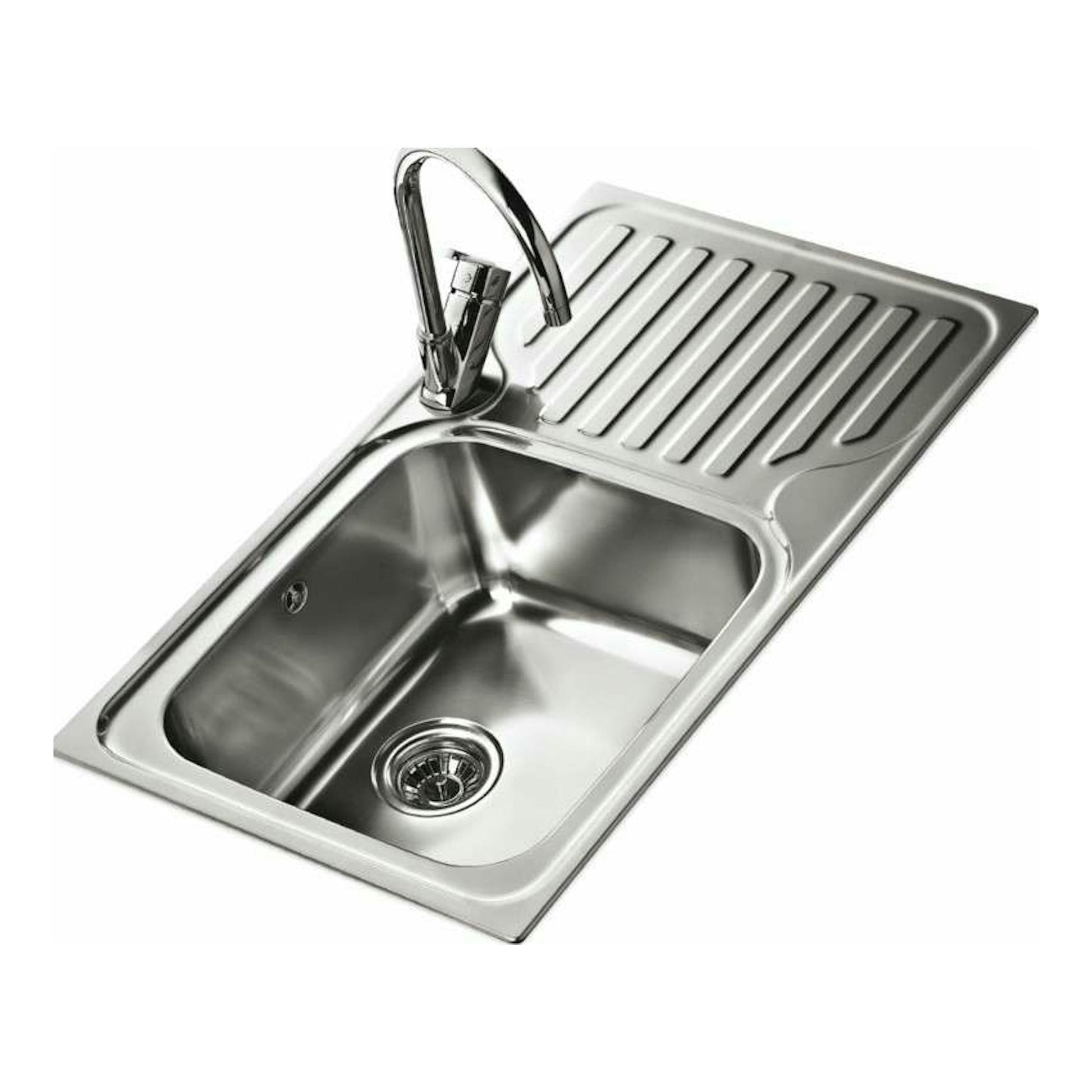 Fregadero Teka CLASSIC MAX 1C 1E derecha, acero inoxidable, vista en ángulo, con grifo y escurridor.