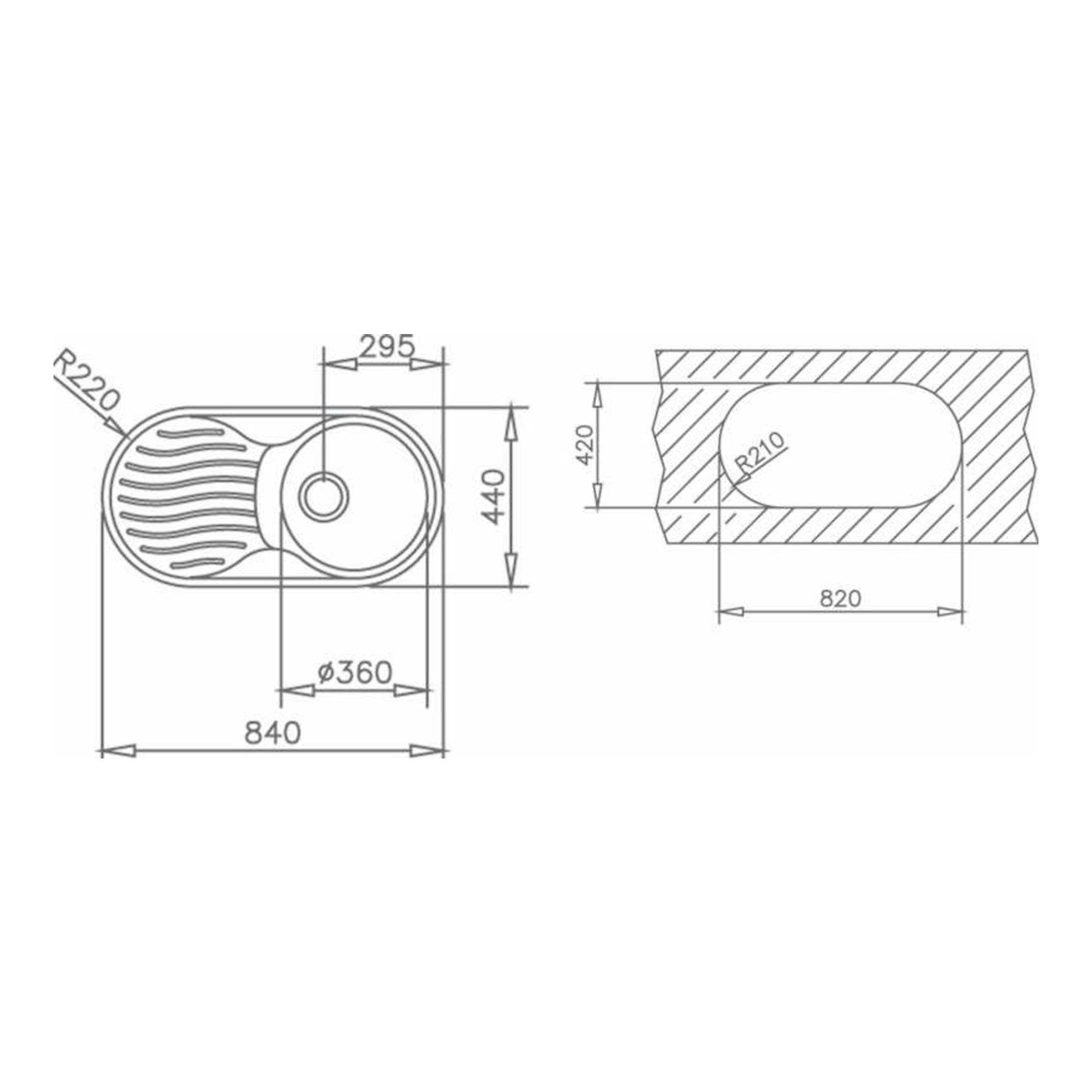 Plano técnico del fregadero Teka DR-80 1C 1E inox derecha, vista superior y sección con medidas.