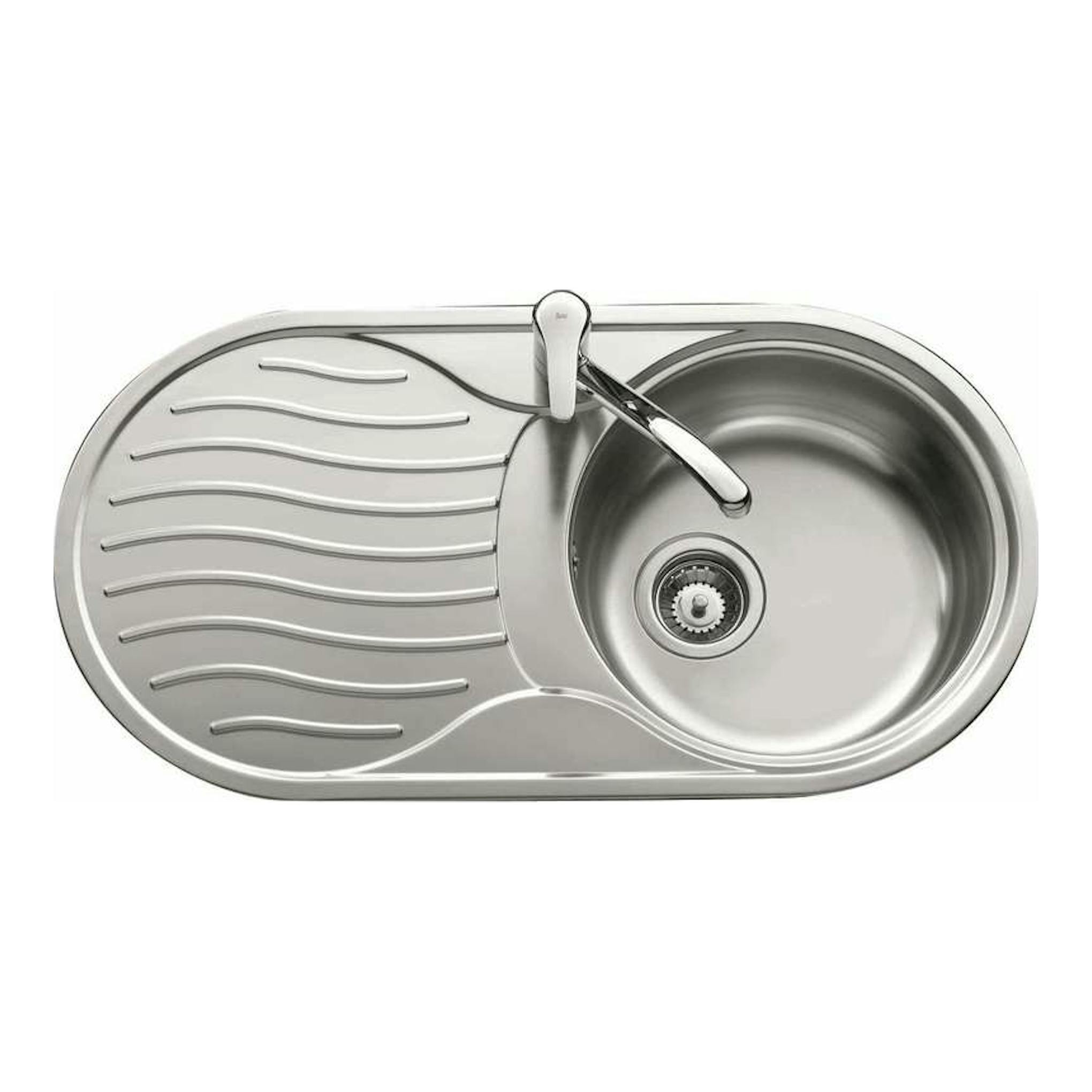 Fregadero Teka DR-80 1C 1E inox, vista superior, escurridor izquierdo y cubeta redonda a la derecha.