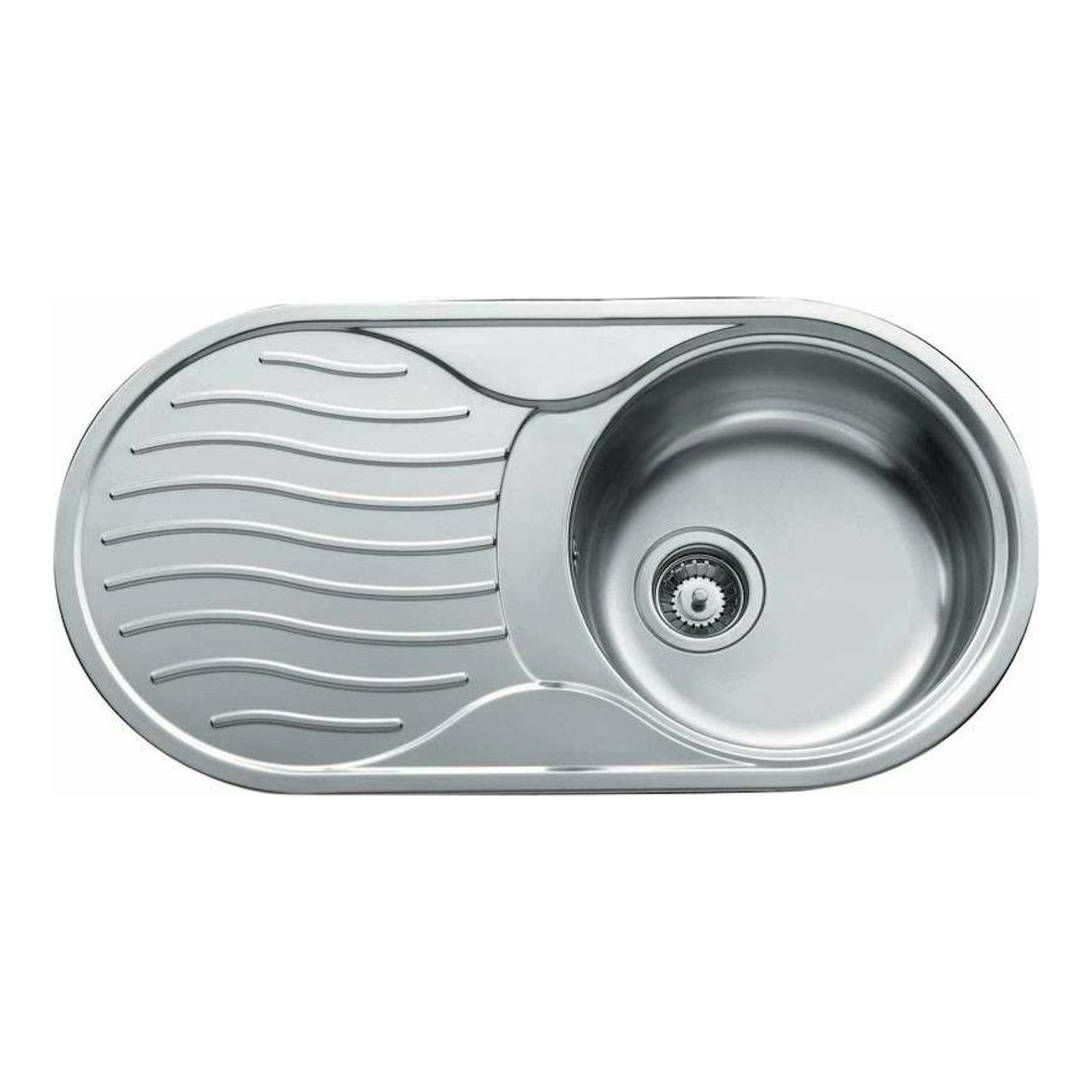 Fregadero Teka DR-80 1C 1E inox reversible, vista superior, con escurridor izquierdo y cubeta derecha.