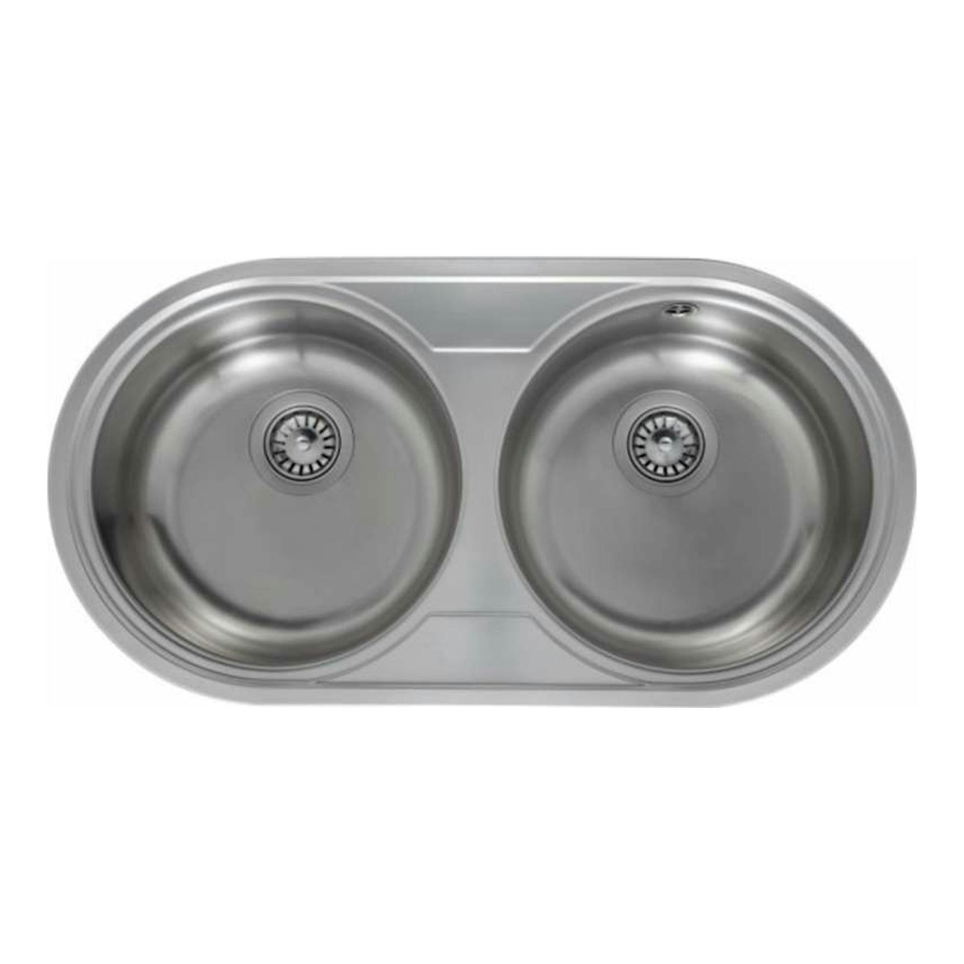 Fregadero Teka DR-80 2C inox, vista superior, doble seno redondo en acero inoxidable.