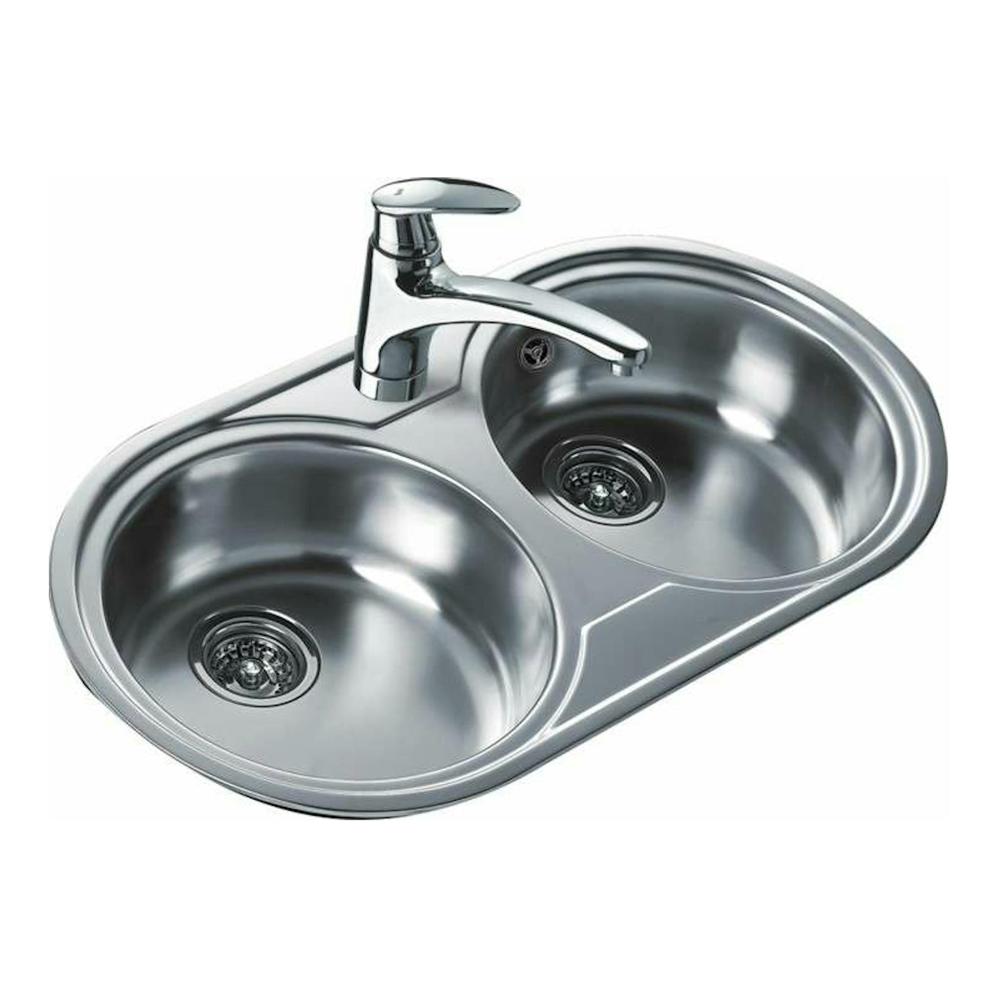 Fregadero Teka DR-80 2C de acero inox, vista superior en ángulo, con dos cubetas y grifo cromado.