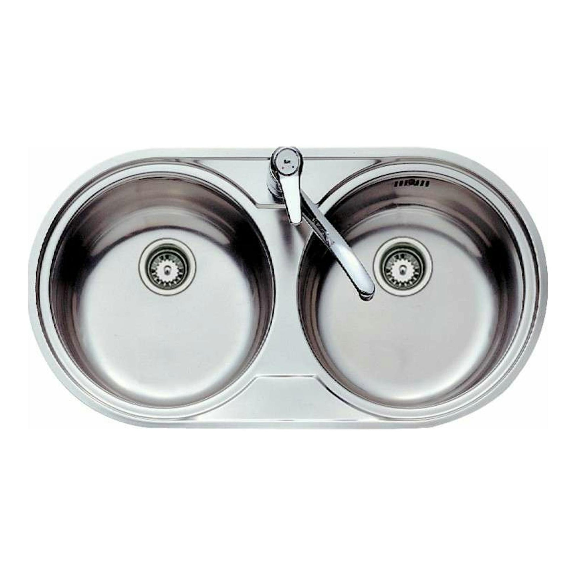 Fregadero Teka DR-80 2C inox de doble seno, vista frontal, con orificio para grifo.