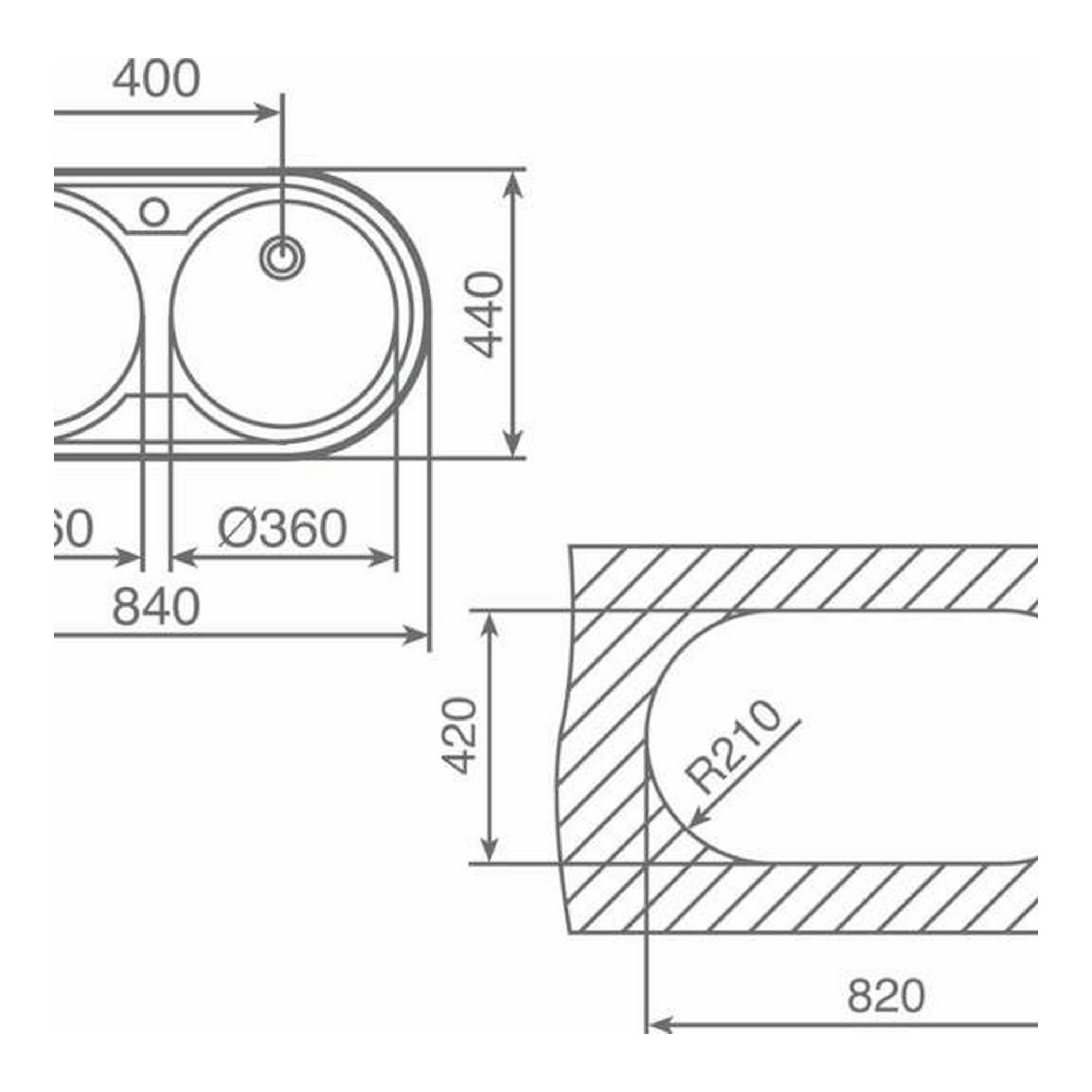 Plano técnico del fregadero Teka DR-80 2C inox, con dos cubetas y orificio, en vista superior y lateral.