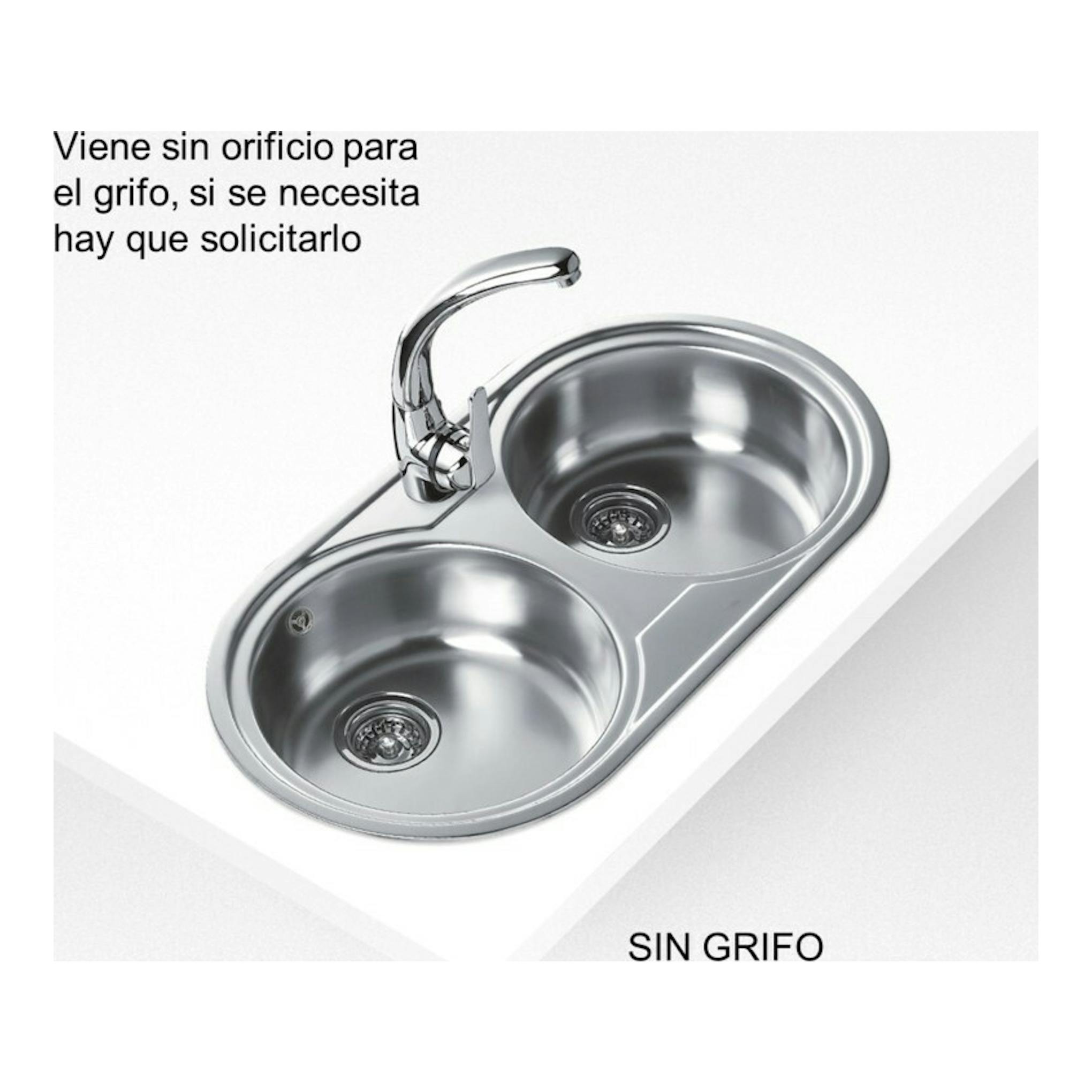 Fregadero Teka DUETTA 2C de acero inoxidable, vista inclinada, con dos senos redondos y grifo cromado.