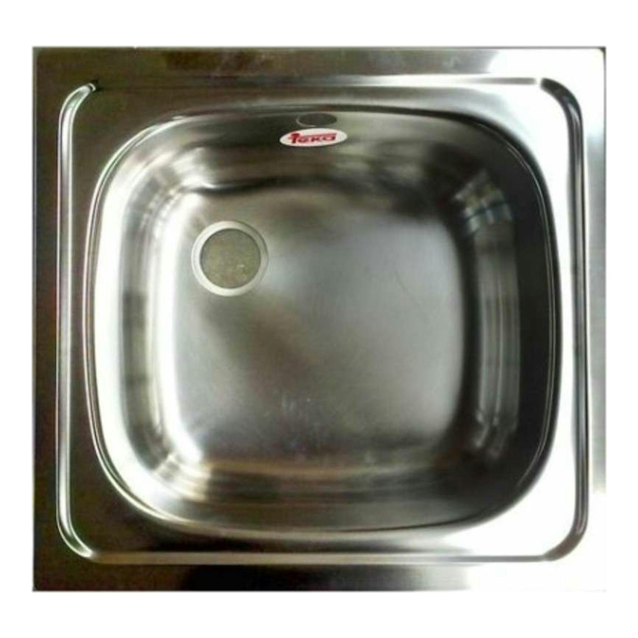 Fregadero Teka E-50 1C de acero inoxidable, vista superior, una cubeta cuadrada con desagüe.