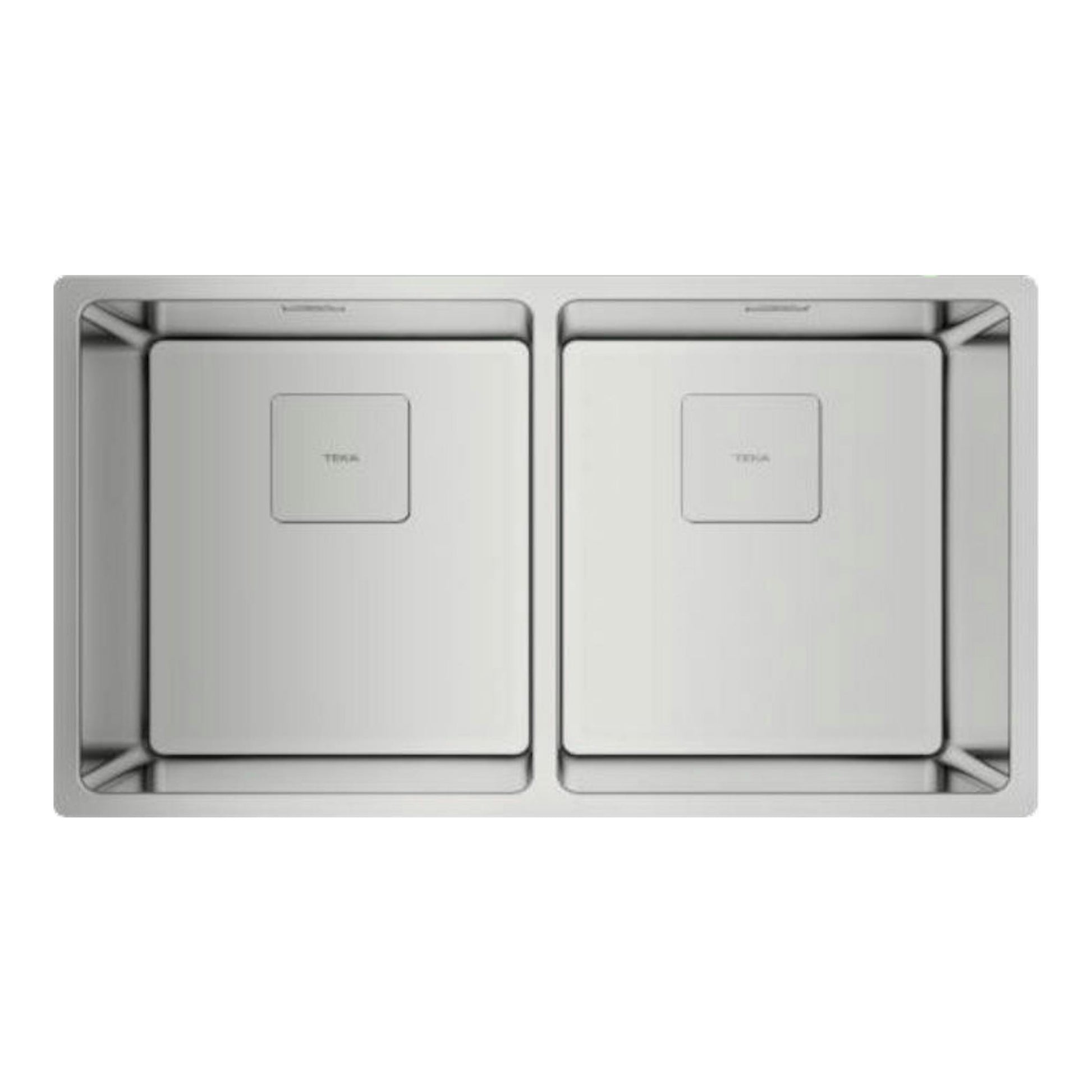 Fregadero Teka FlexLinea RS15 2C 740 de acero inoxidable, vista superior, con dos senos rectangulares.
