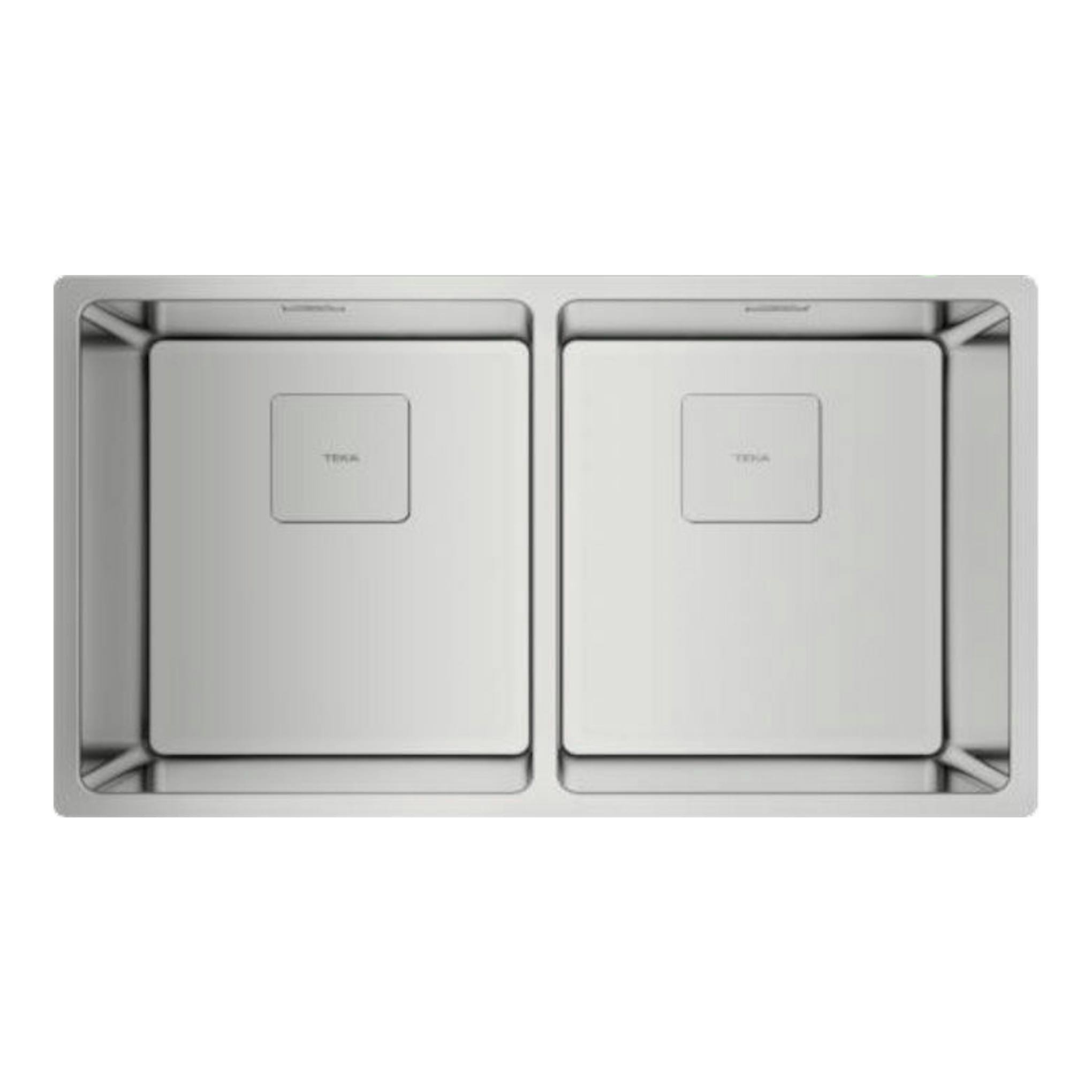 Fregadero Teka FlexLinea RS15 2C 740 de acero inoxidable, vista superior, con dos senos rectangulares.