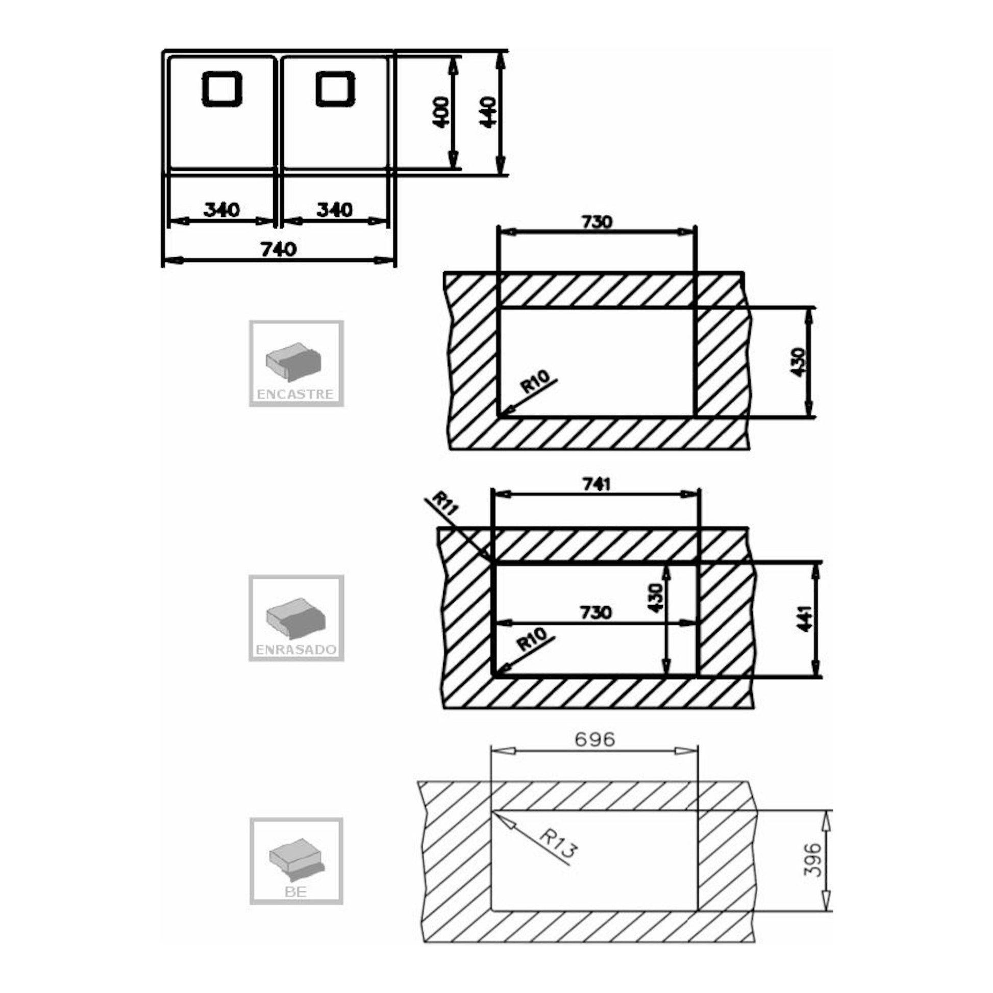 Plano técnico del fregadero Teka FlexLinea RS15 2C 740, con vistas superior y secciones de encastre y medidas.