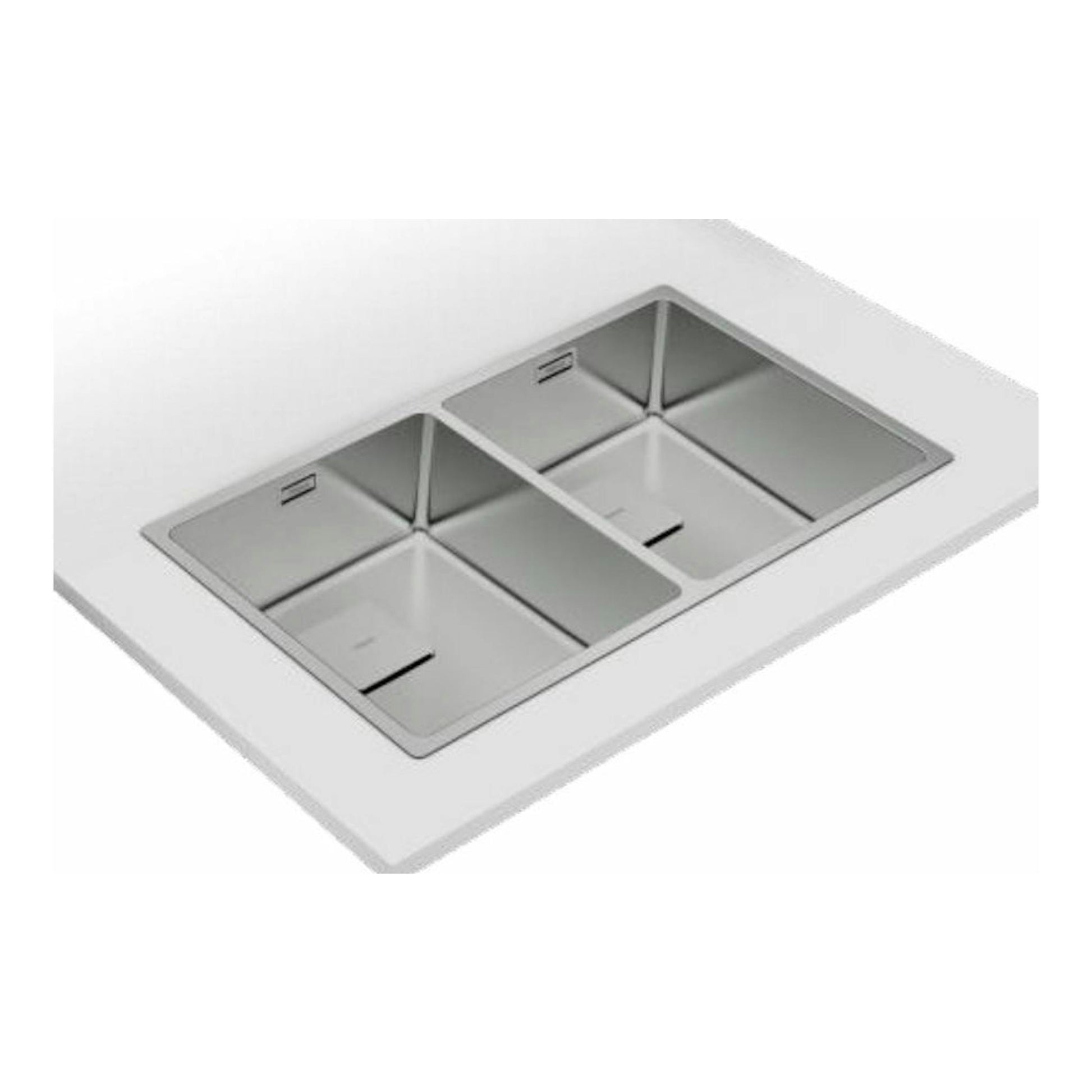 Fregadero Teka FlexLinea RS15 2C 740 de acero inoxidable, vista superior en ángulo, con dos senos y escurridor.