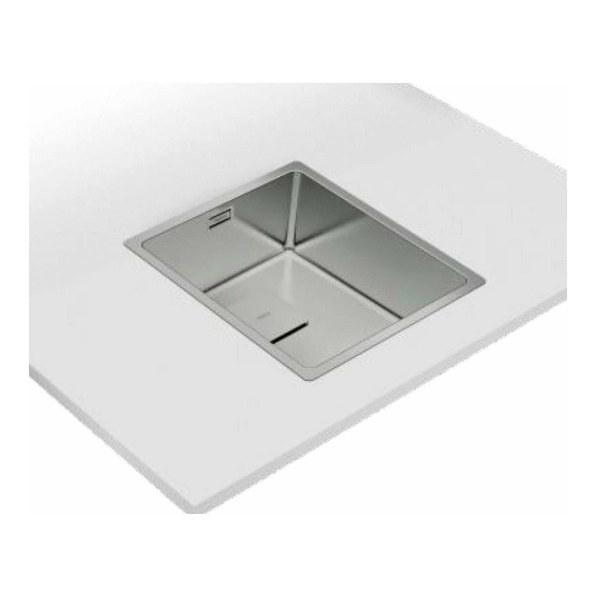 Fregadero Teka FlexLinea RS15 34.40 de acero inoxidable, visto en perspectiva sobre encimera blanca.