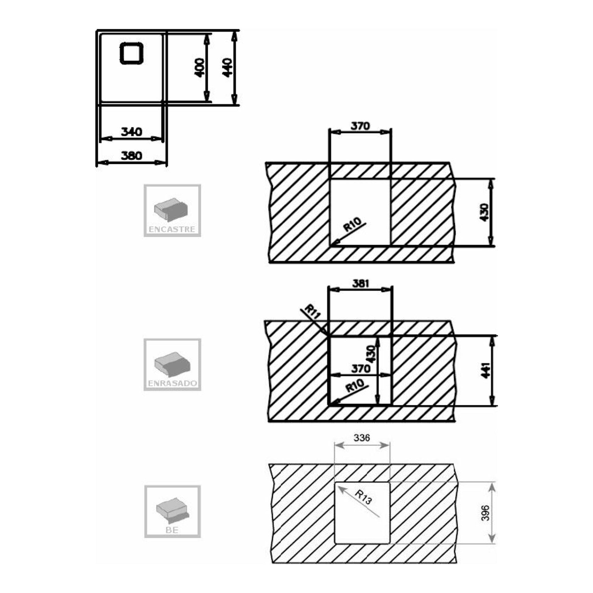 Plano técnico en blanco y negro del fregadero Teka FlexLinea RS15 34.40 con medidas de instalación.