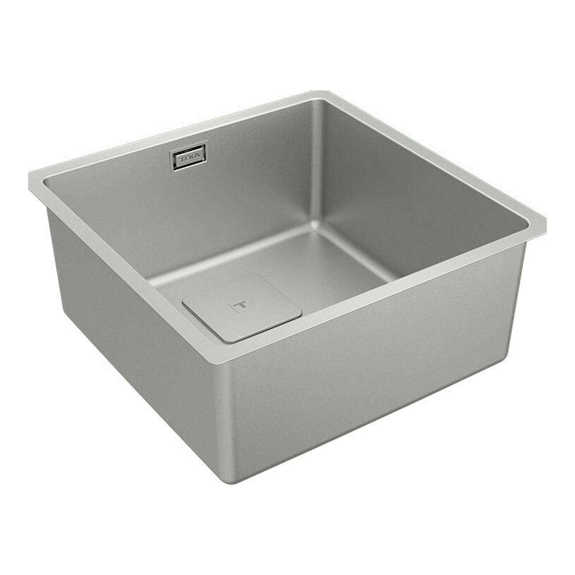 Fregadero Teka FlexLinea RS15 40.40 de acero inoxidable, vista inclinada, cubeta cuadrada con desagüe tapado.
