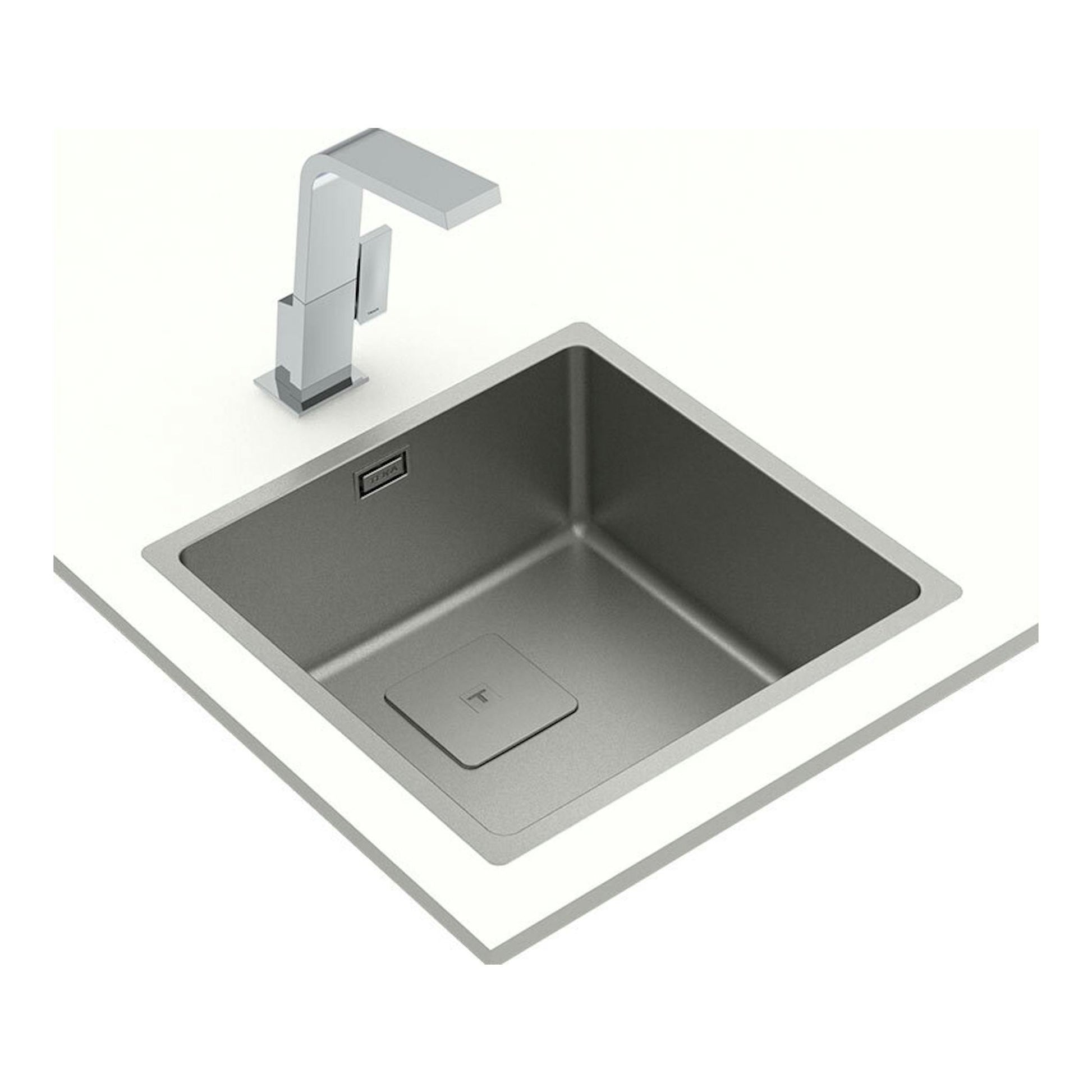 Fregadero Teka FlexLinea RS15 40.40 Fortinox de acero inoxidable, vista cenital con grifo cromado.