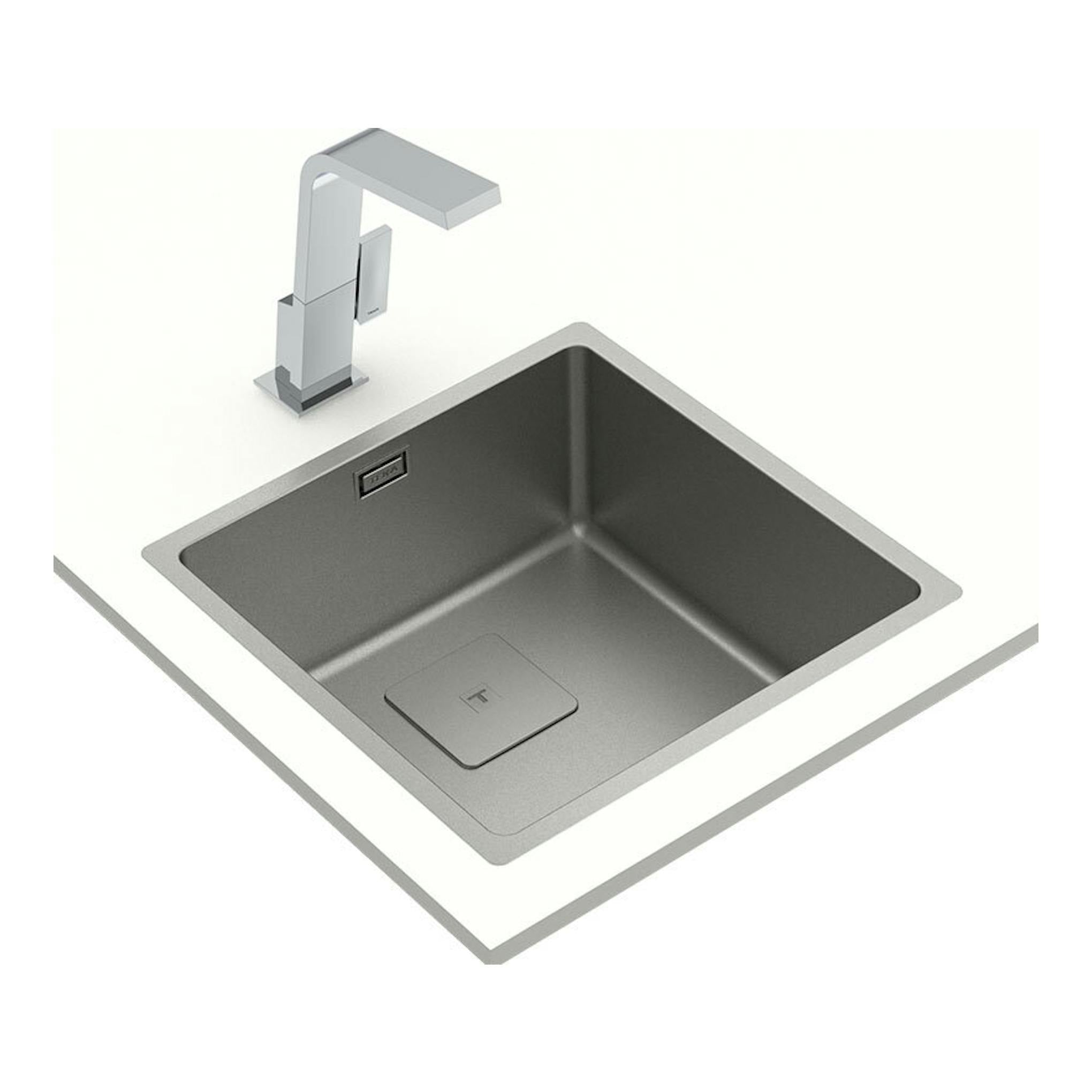 Fregadero Teka FlexLinea RS15 40.40 Fortinox de acero inoxidable, vista cenital con grifo cromado.