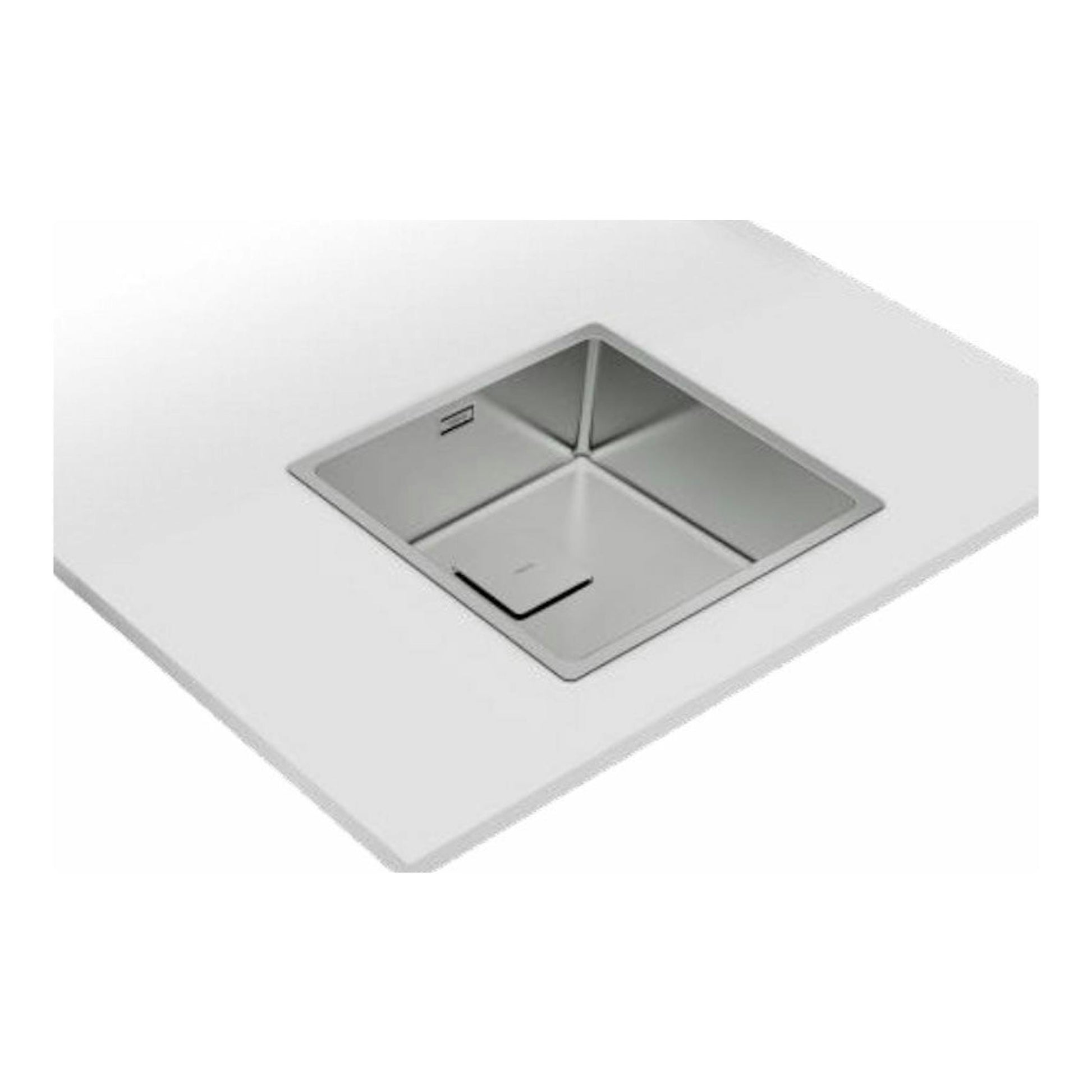 Fregadero Teka FlexLinea RS15 40.4 de acero inoxidable, vista cenital angular, empotrado en encimera blanca.