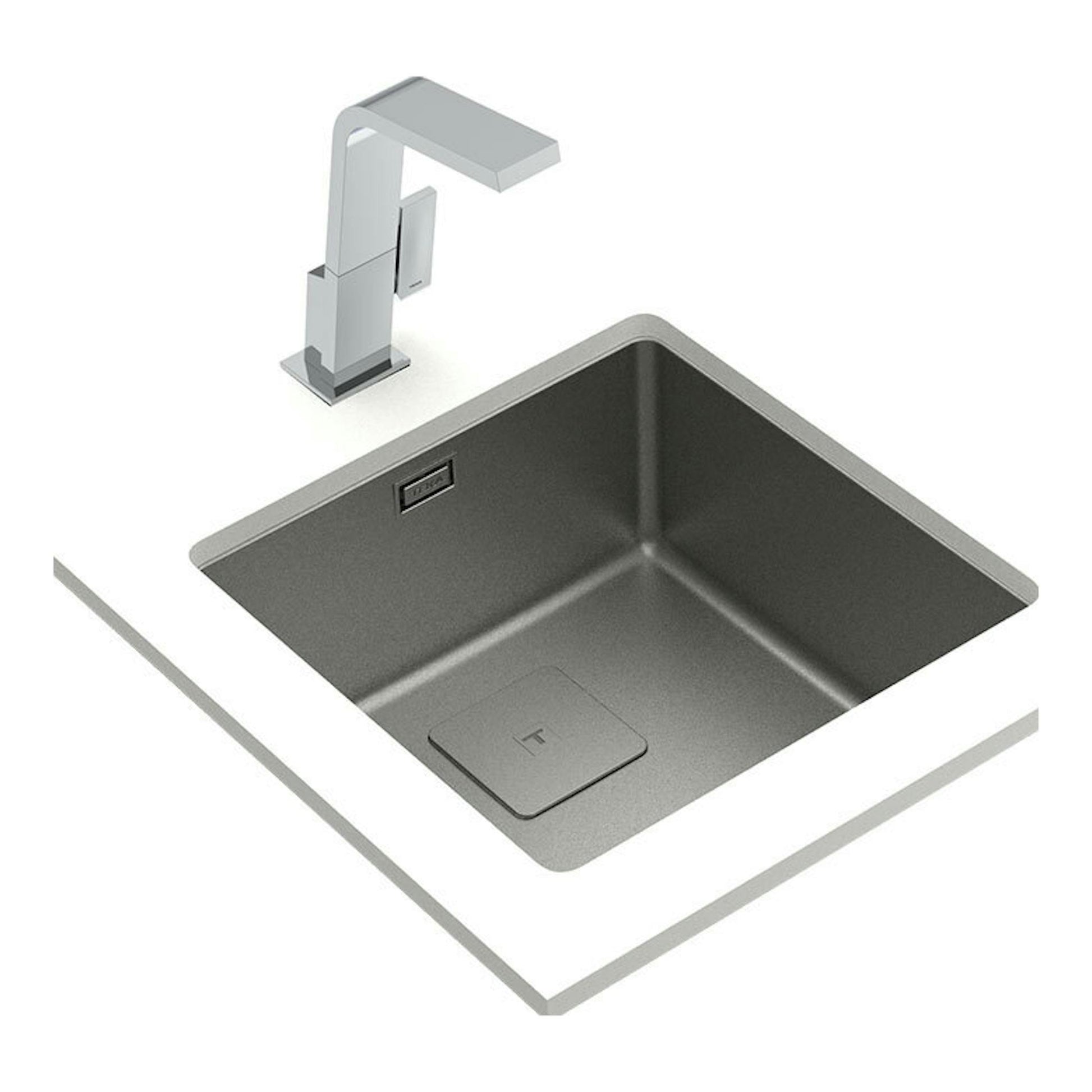 Fregadero Teka FlexLinea RS15 40.40 de acero inox, vista cenital con grifo cromado.
