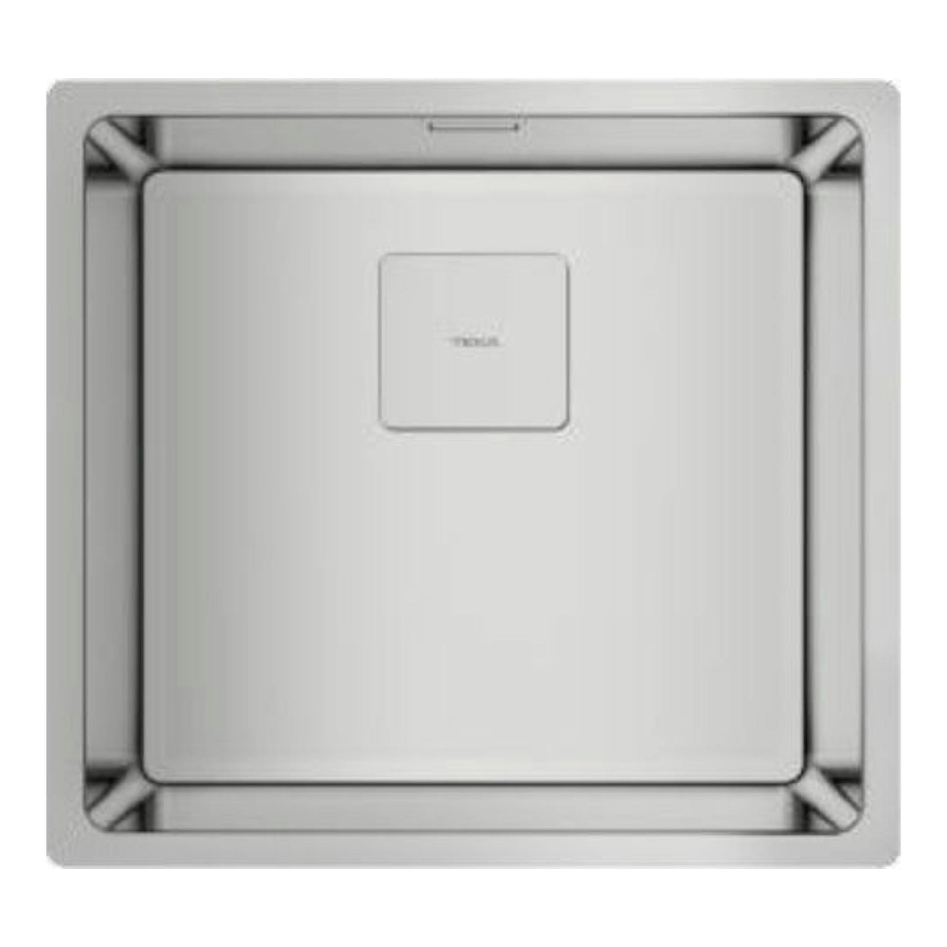 Fregadero Teka FlexLinea RS15 40.4 de acero inoxidable, vista superior, formato cuadrado con desagüe central.