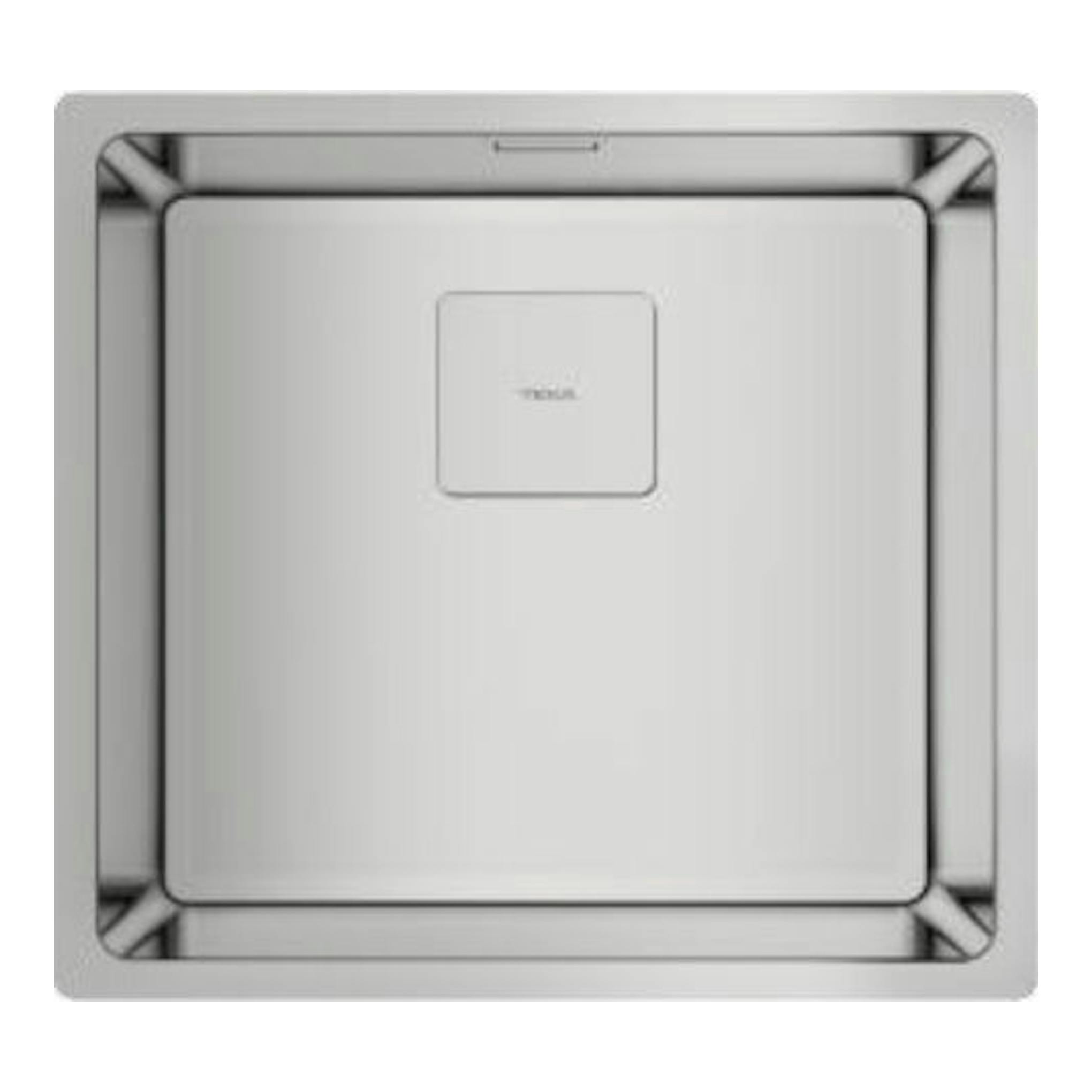 Fregadero Teka FlexLinea RS15 40.4 de acero inoxidable, vista superior, formato cuadrado con desagüe central.