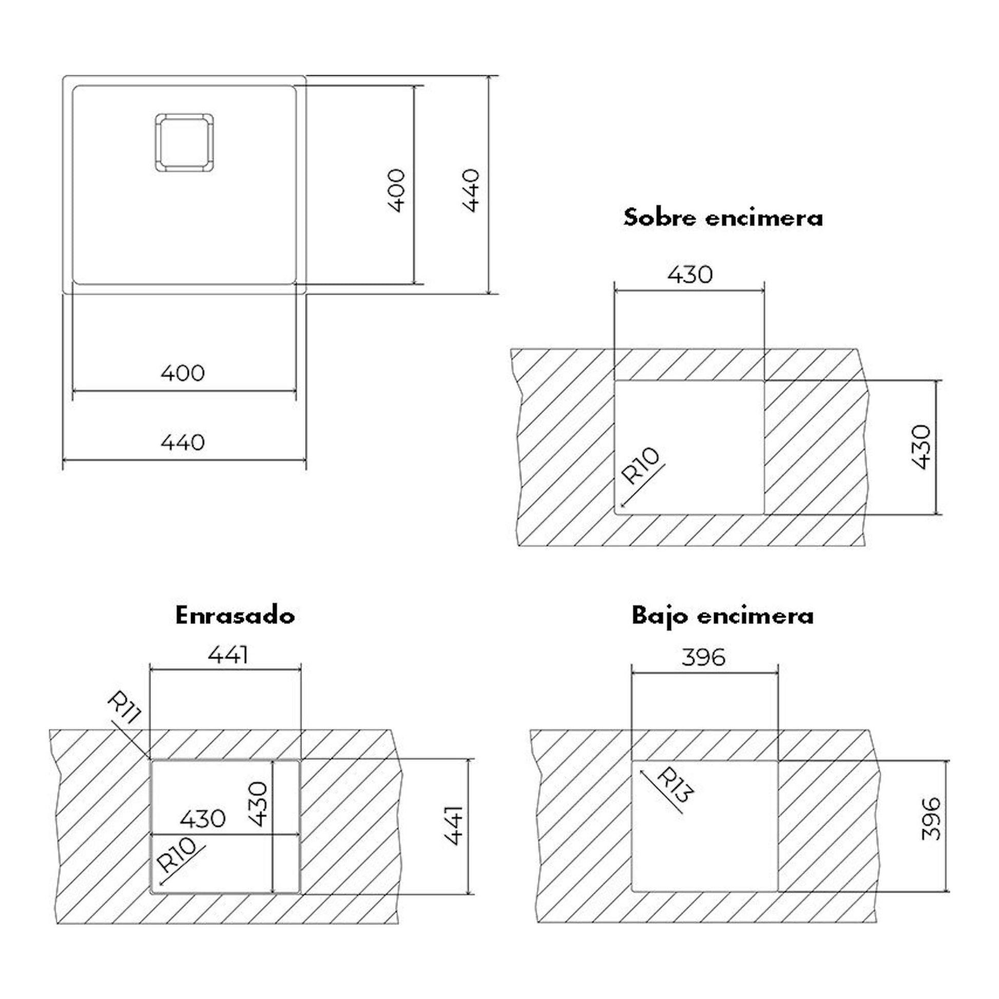 Plano técnico del fregadero Teka FlexLinea RS15 40.40 Fortinox inox, con vistas y medidas de encimera.