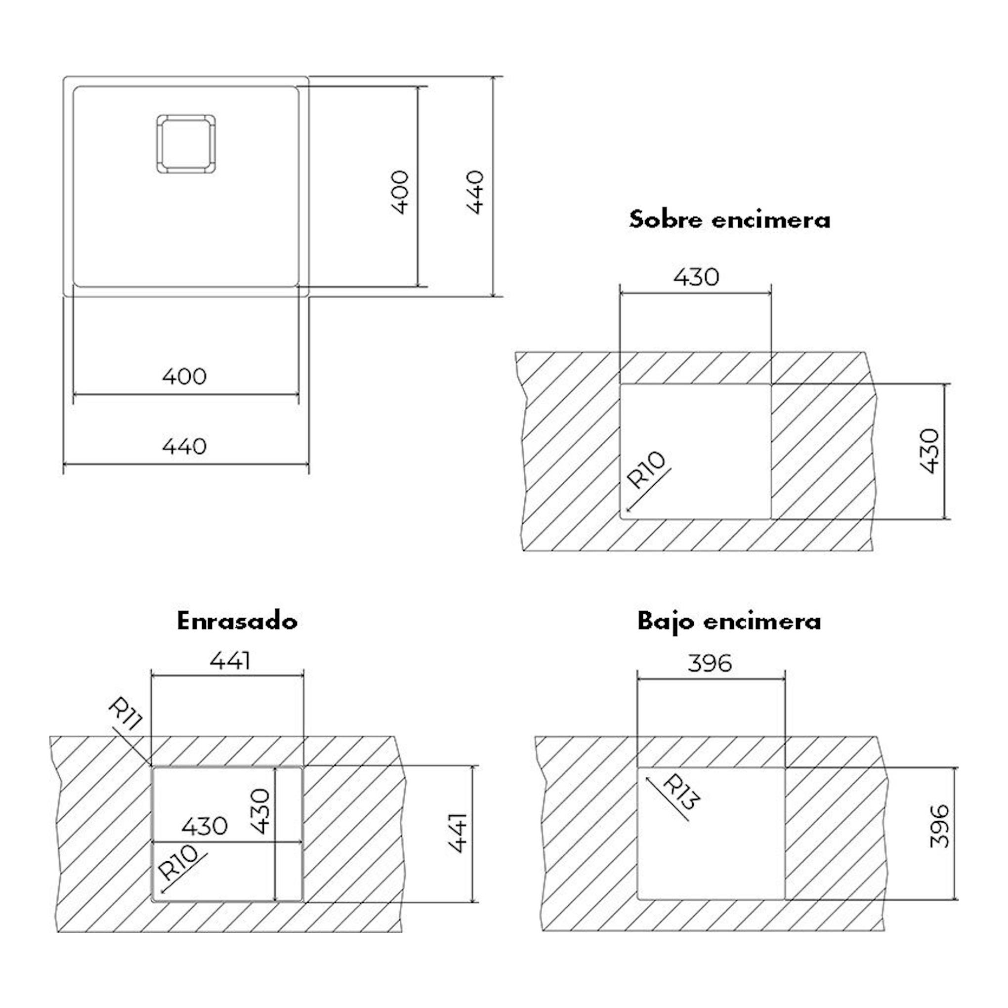 Plano técnico del fregadero Teka FlexLinea RS15 40.40 Fortinox inox, con vistas y medidas de encimera.