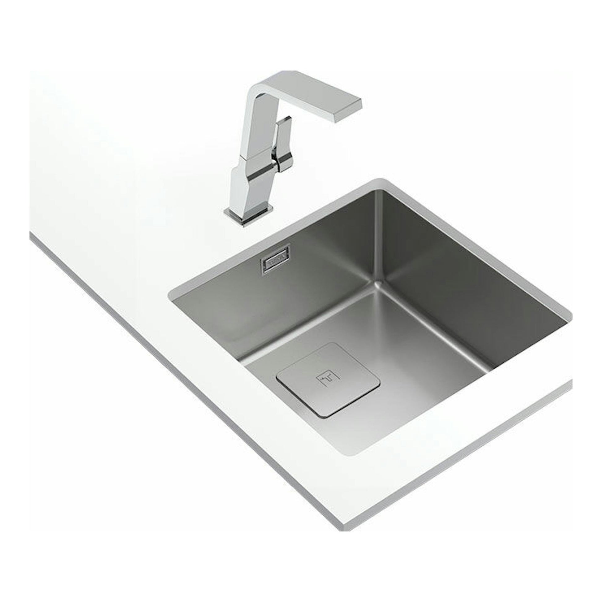 Fregadero Teka FlexLinea RS15 40.40 M-XT PureClean de acero inoxidable, vista superior con grifo en encimera blanca