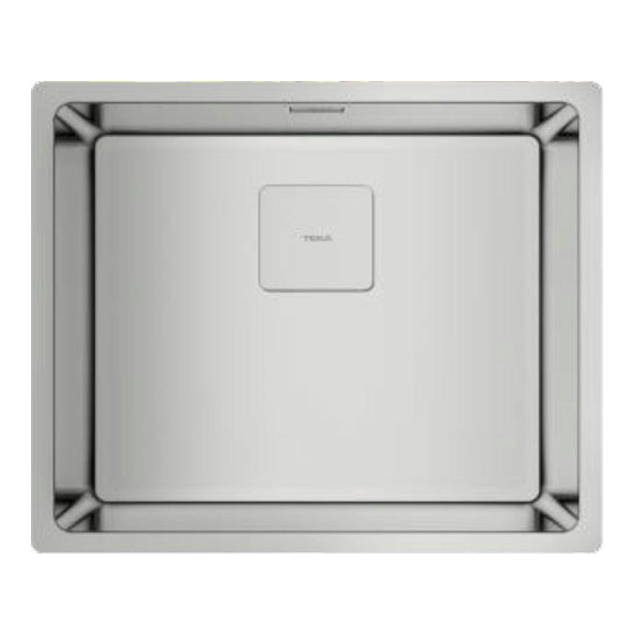 Fregadero Teka FlexLinea RS15 45.40 de acero inoxidable, vista cenital, cubeta cuadrada y desagüe central.