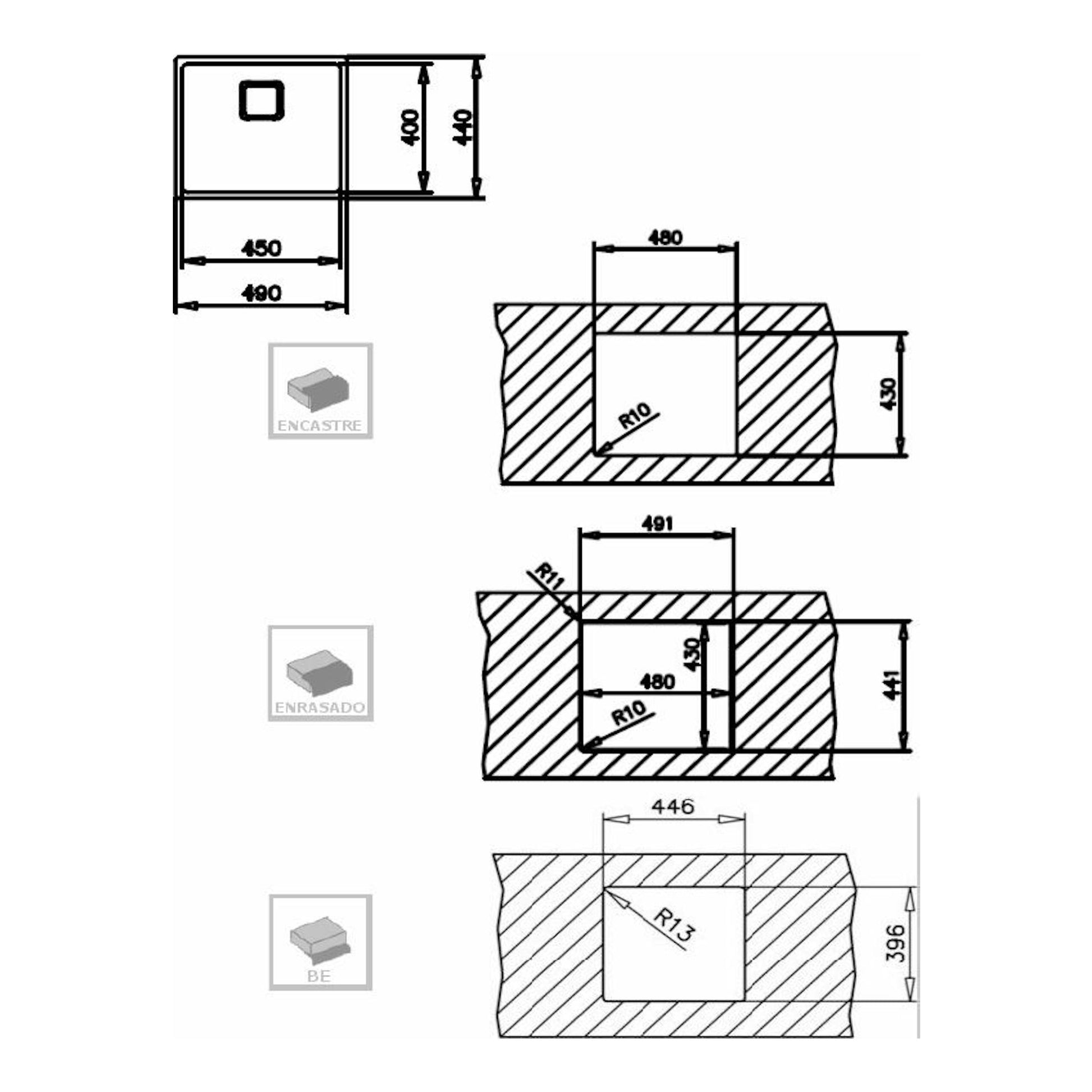 Teka FlexLinea RS15 45.40, plano técnico de fregadero con medidas y tres tipos de instalación.