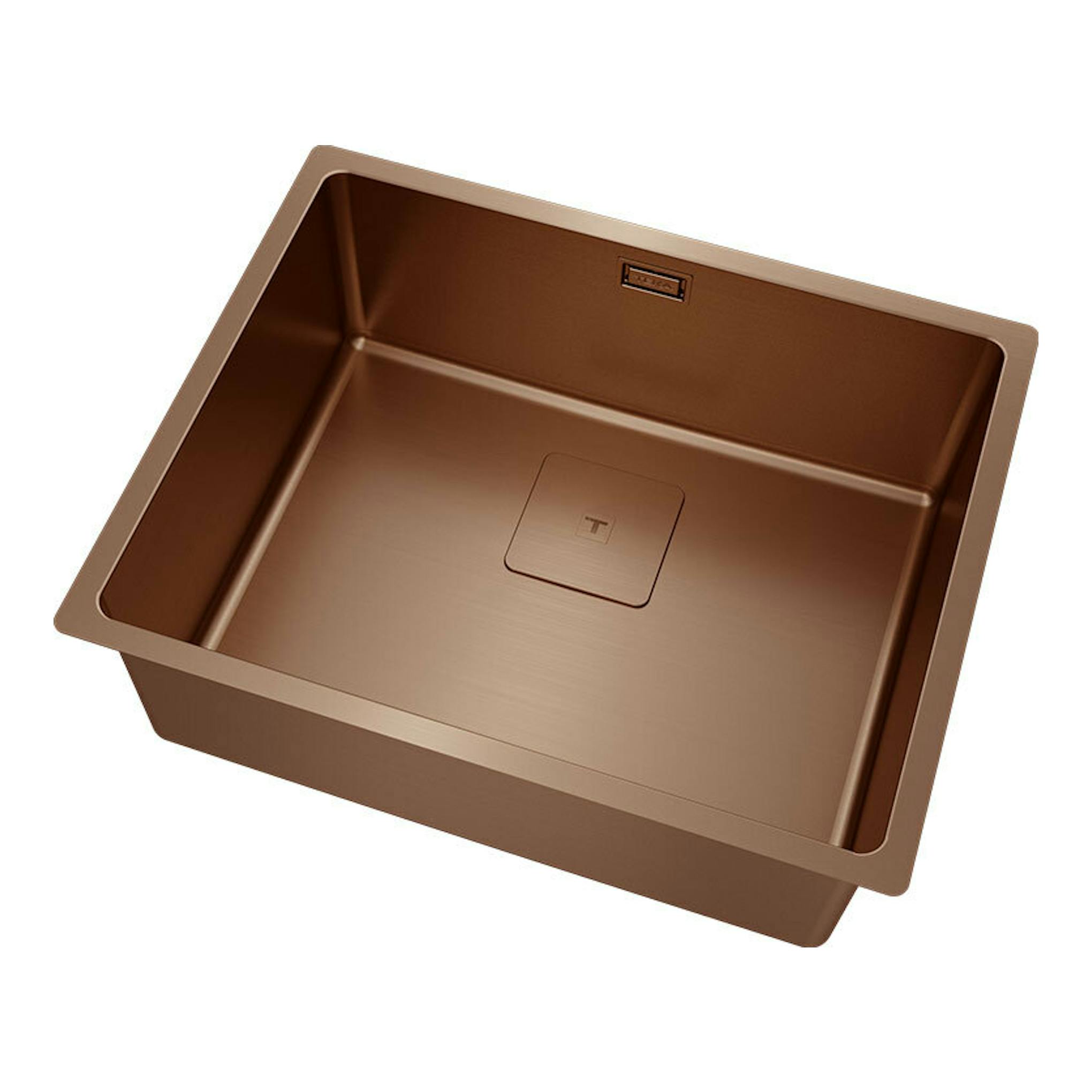Fregadero Teka FlexLinea RS15 50.40 cobre, vista en ángulo superior, seno rectangular de acero.