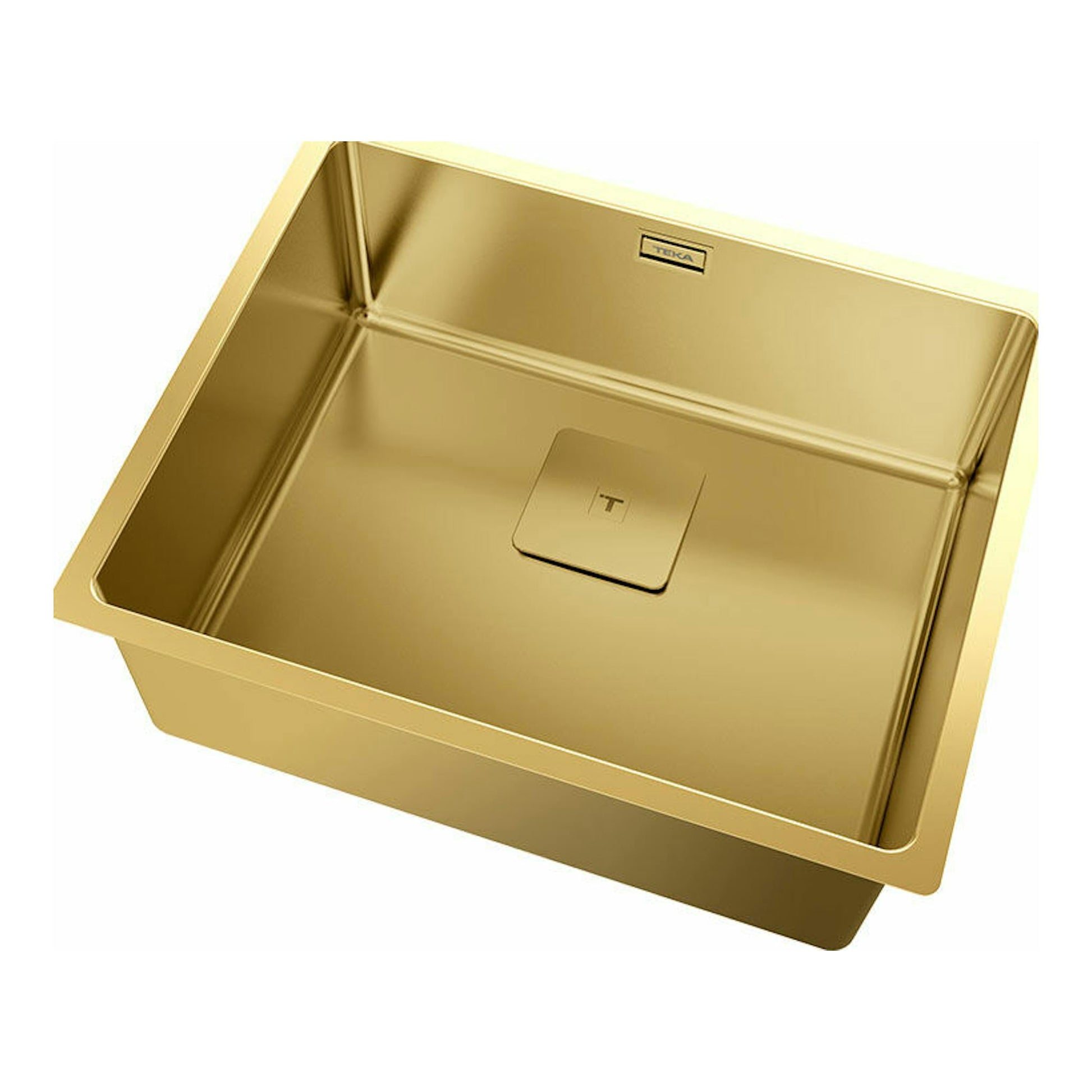 Fregadero Teka FlexLinea RS15 50.40 dorado, vista superior en ángulo, con desagüe cuadrado.