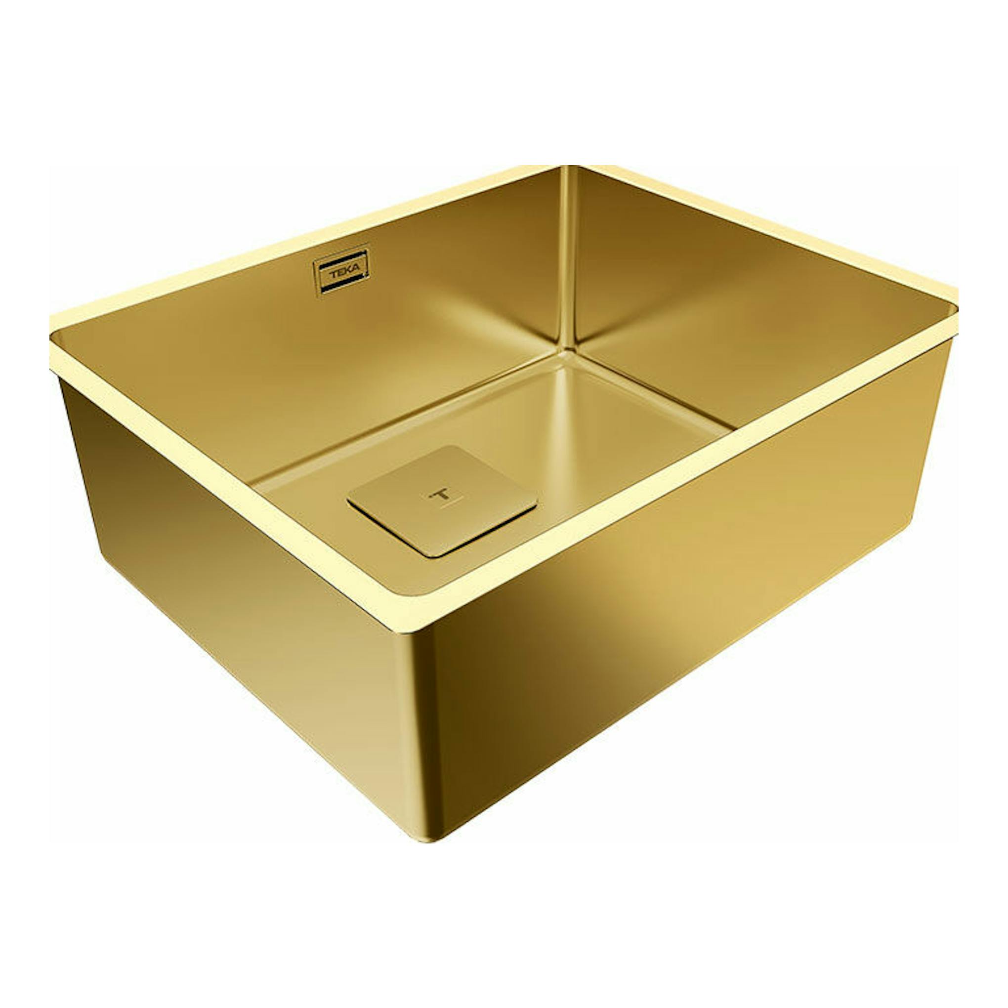 Fregadero Teka FlexLinea RS15 50.40 dorado, vista isométrica, con cubeta cuadrada y desagüe.