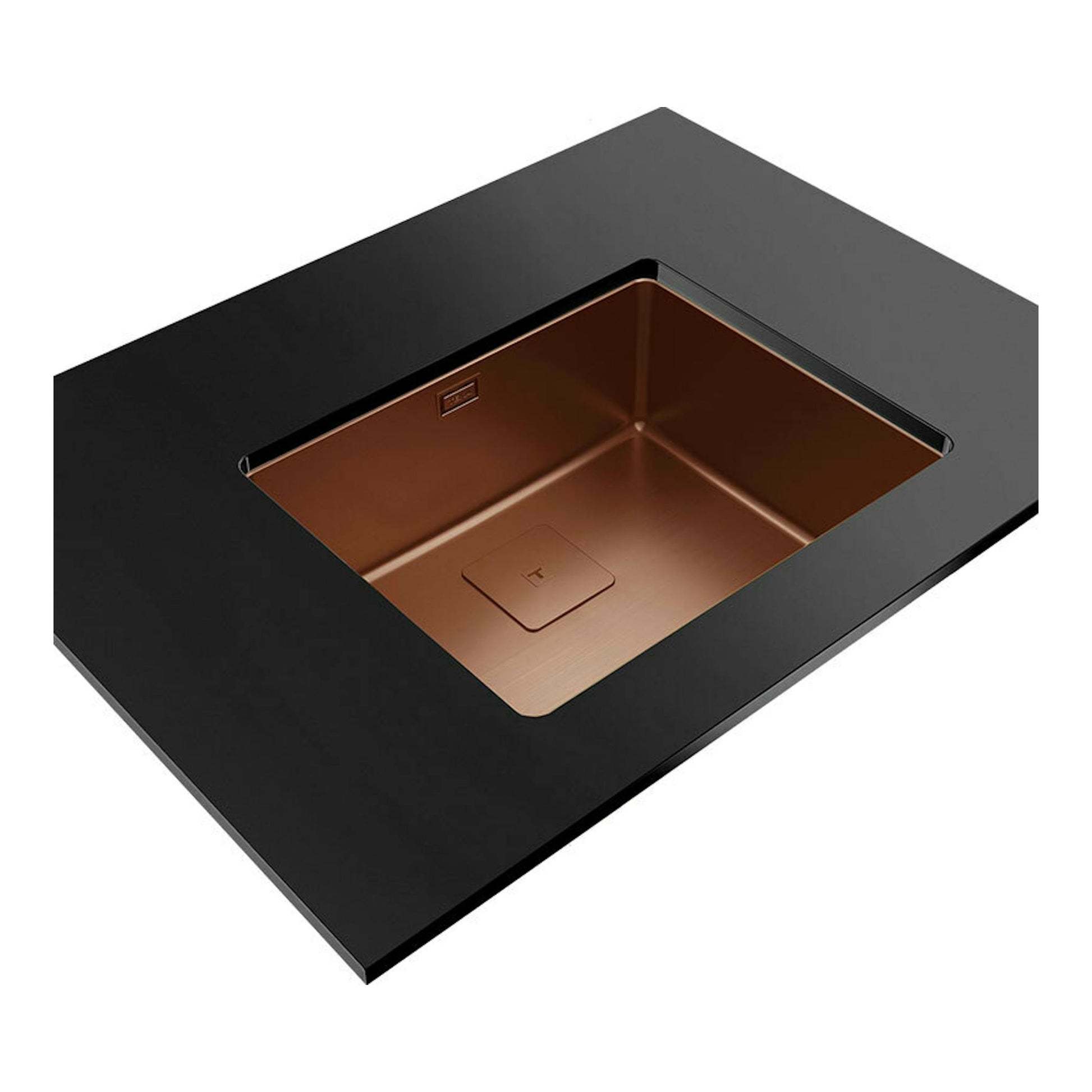 Fregadero Teka FlexLinea RS15 50.40 cobre, vista superior en ángulo, encastrado en encimera negra.